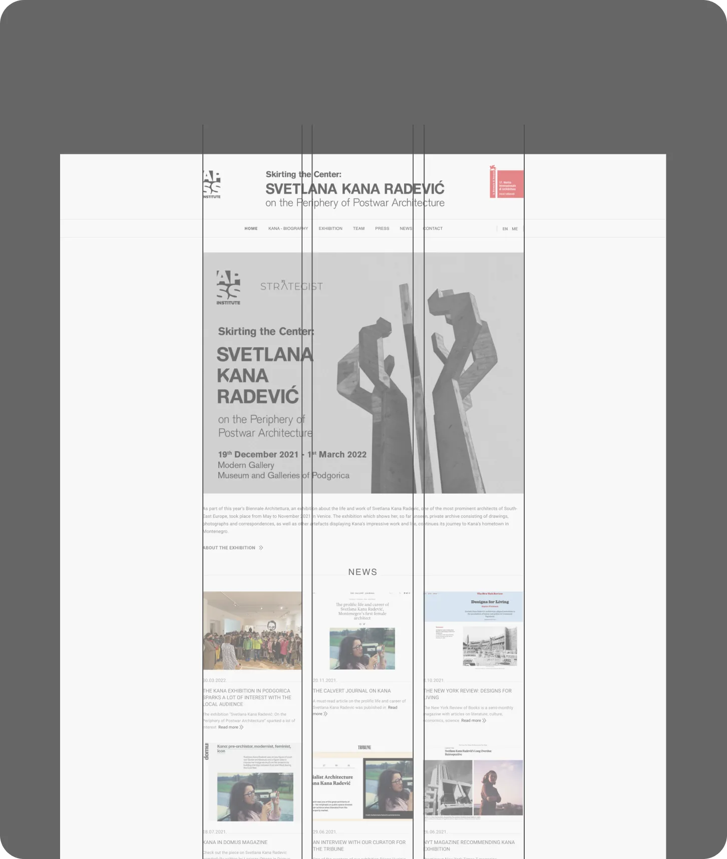 The full homepage laid out on the design grid, from the exhibition poster down to the news feed