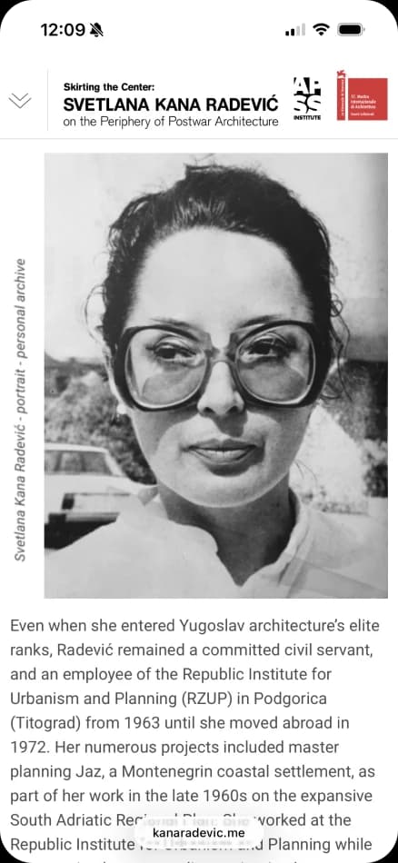 Kana Radević's biography page with a portrait from her private archive