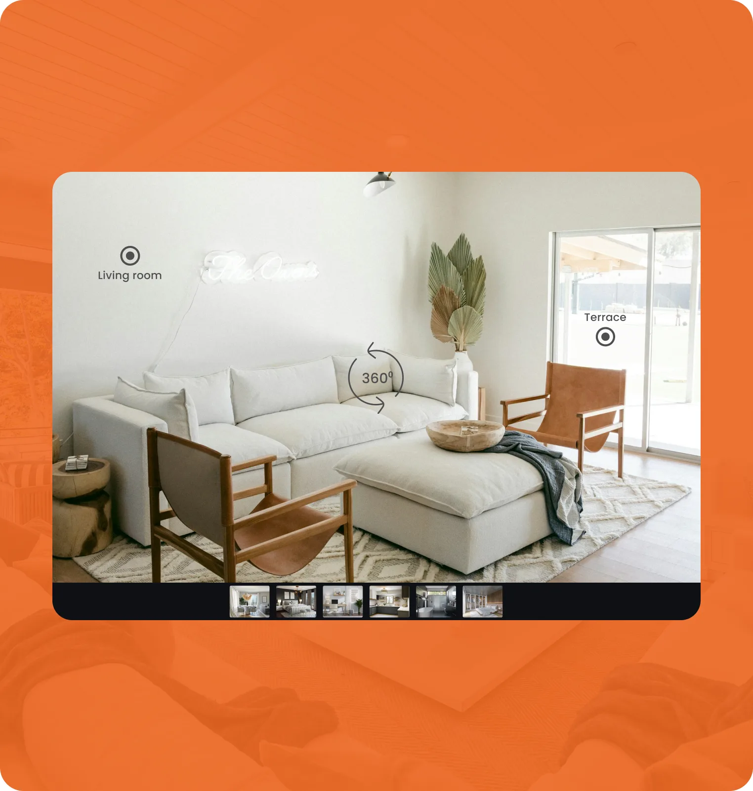 The Nest360 360-degree viewer mid-pan through a living room, with room hotspots and a thumbnail strip