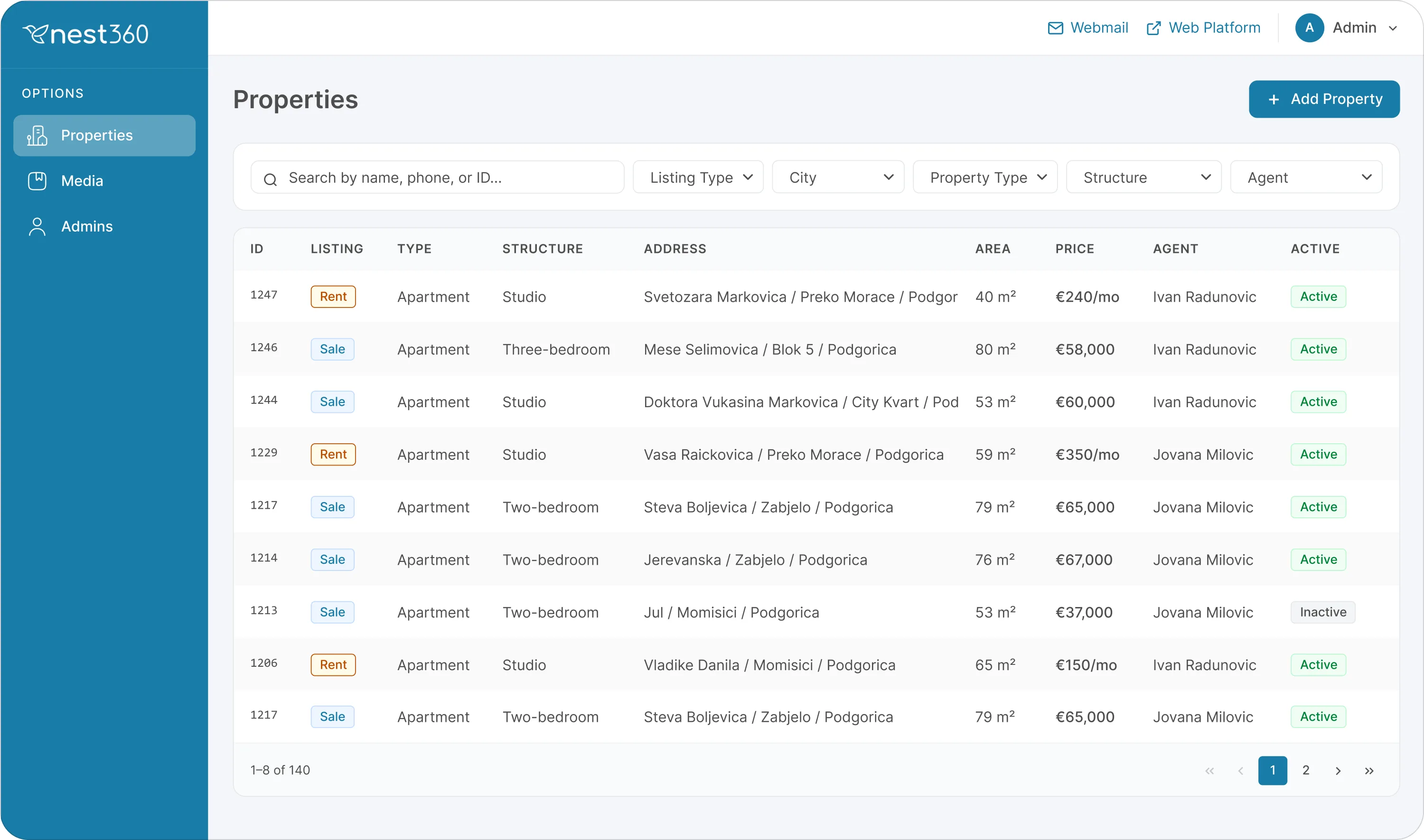 The Nest360 admin panel with the property listing table, filters and global search