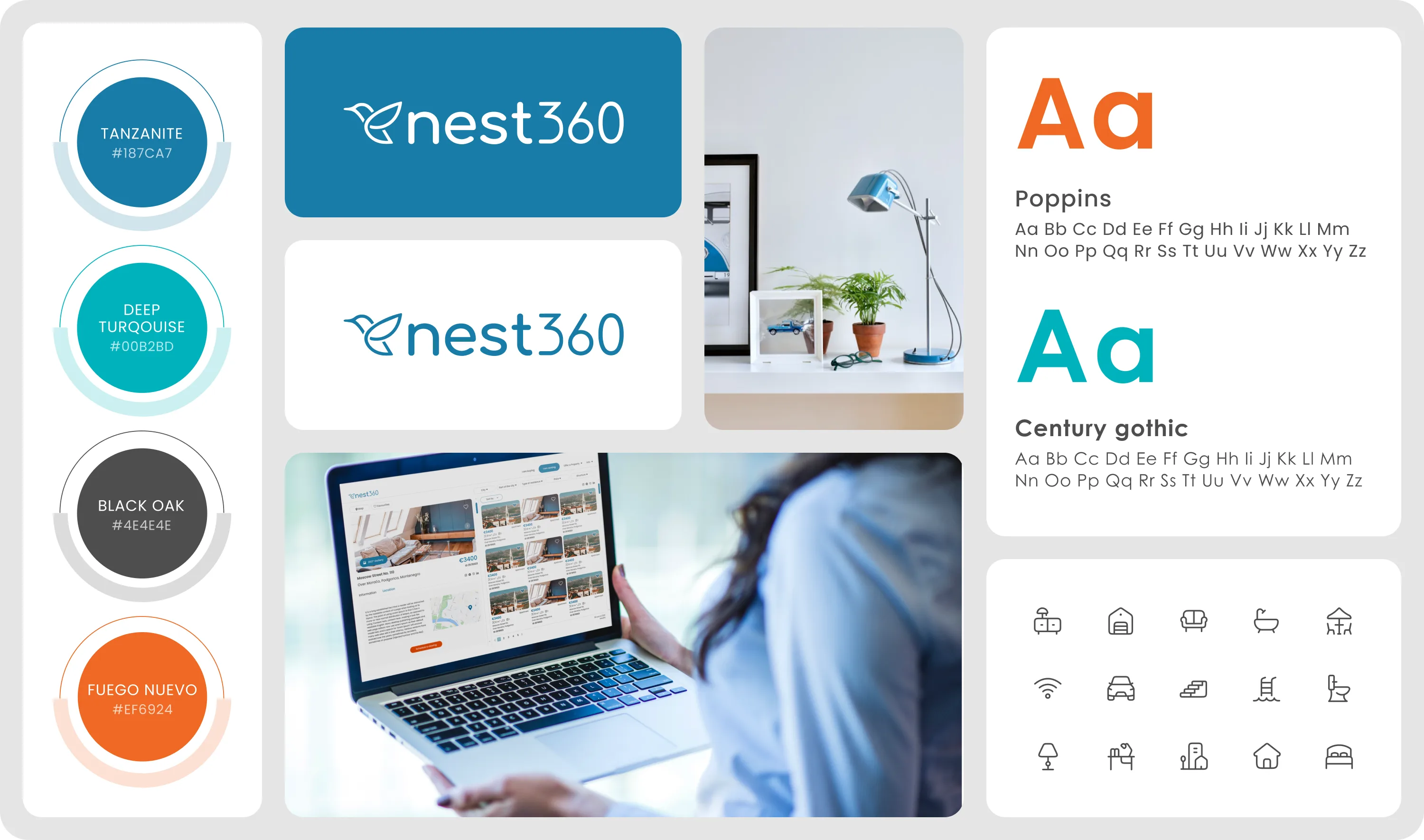 Nest360 brand board with the bird logo, colour swatches, Poppins and Century Gothic type specimens and the property icon set