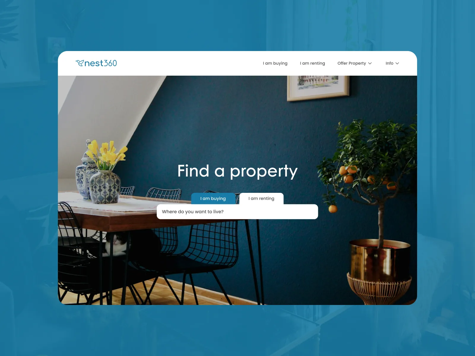 The Nest360 homepage with the find-a-property search over a living room photo