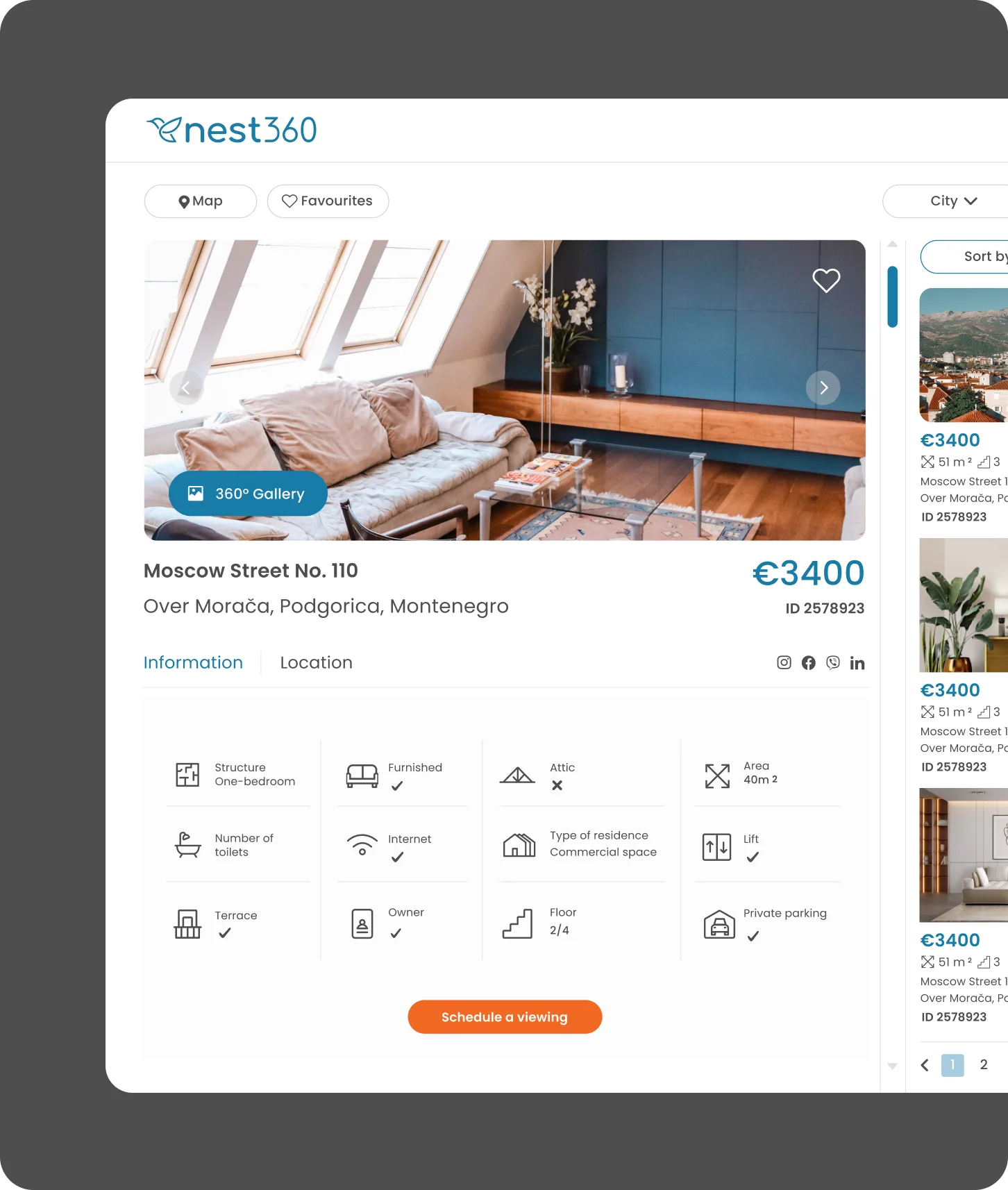 The Nest360 listing detail page with icon-based property information and the schedule-a-viewing action