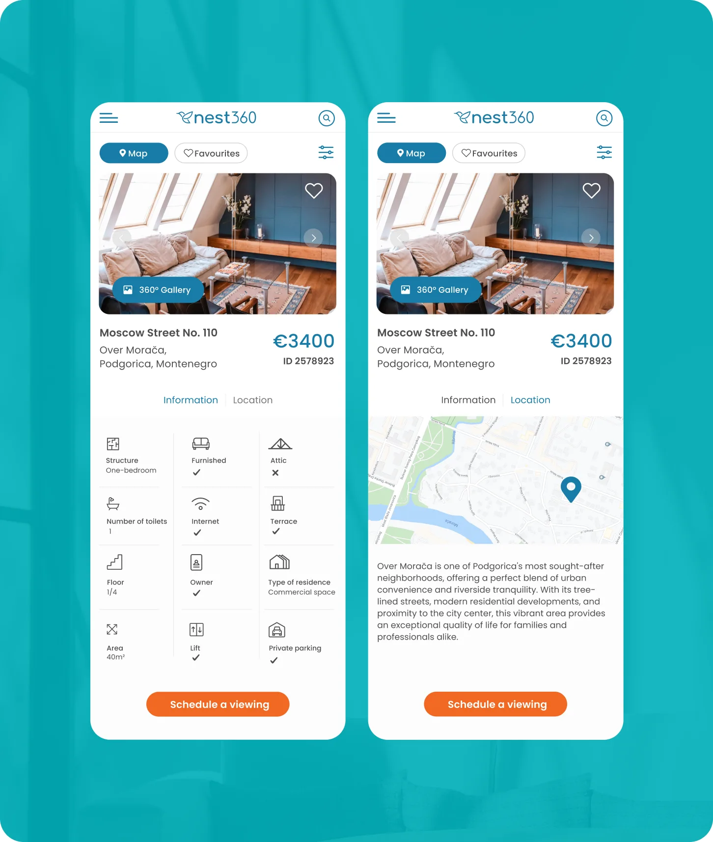Two Nest360 mobile screens with a listing's key details, location map and neighbourhood description