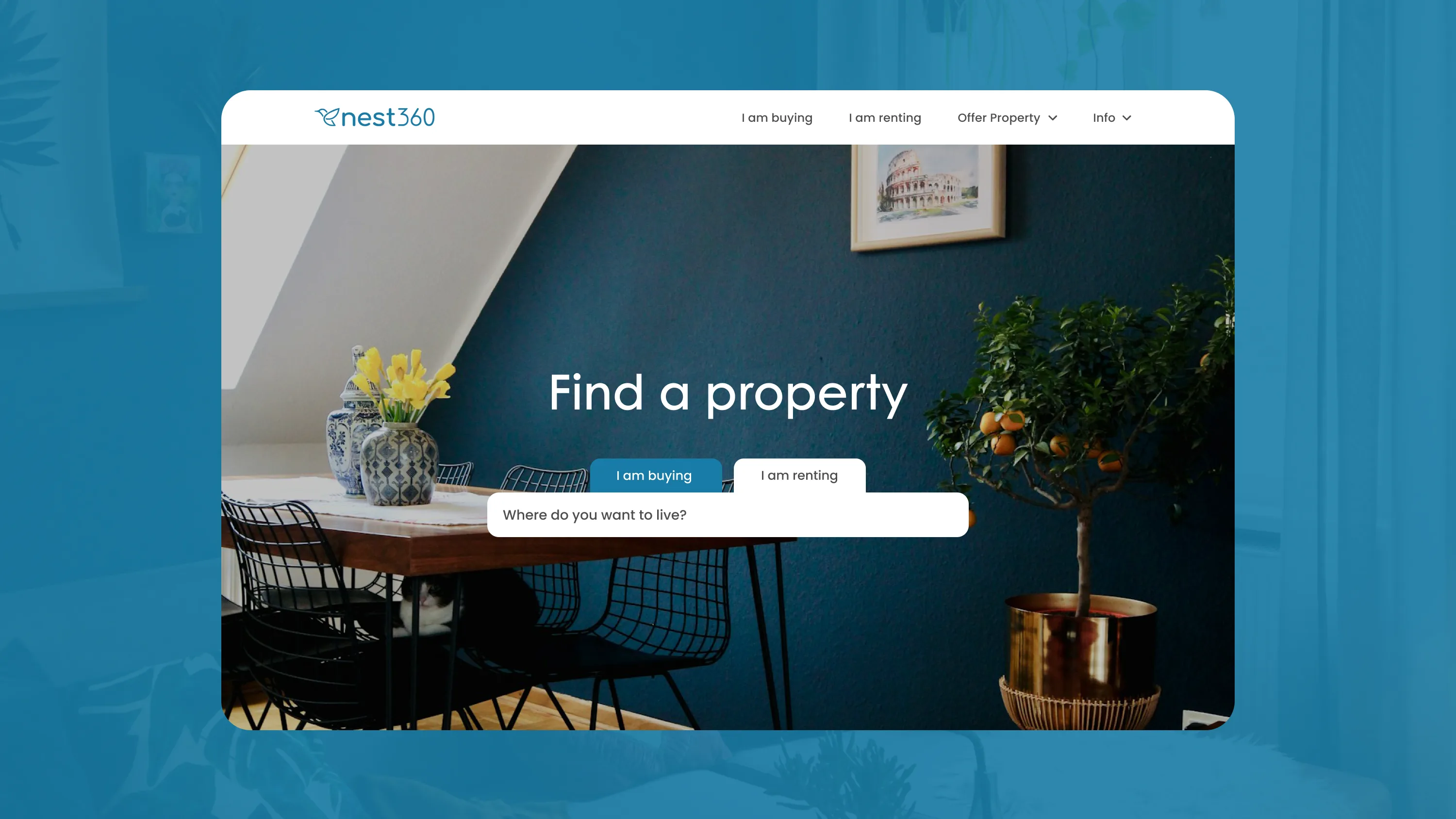 The Nest360 homepage with the find-a-property search over a living room photo