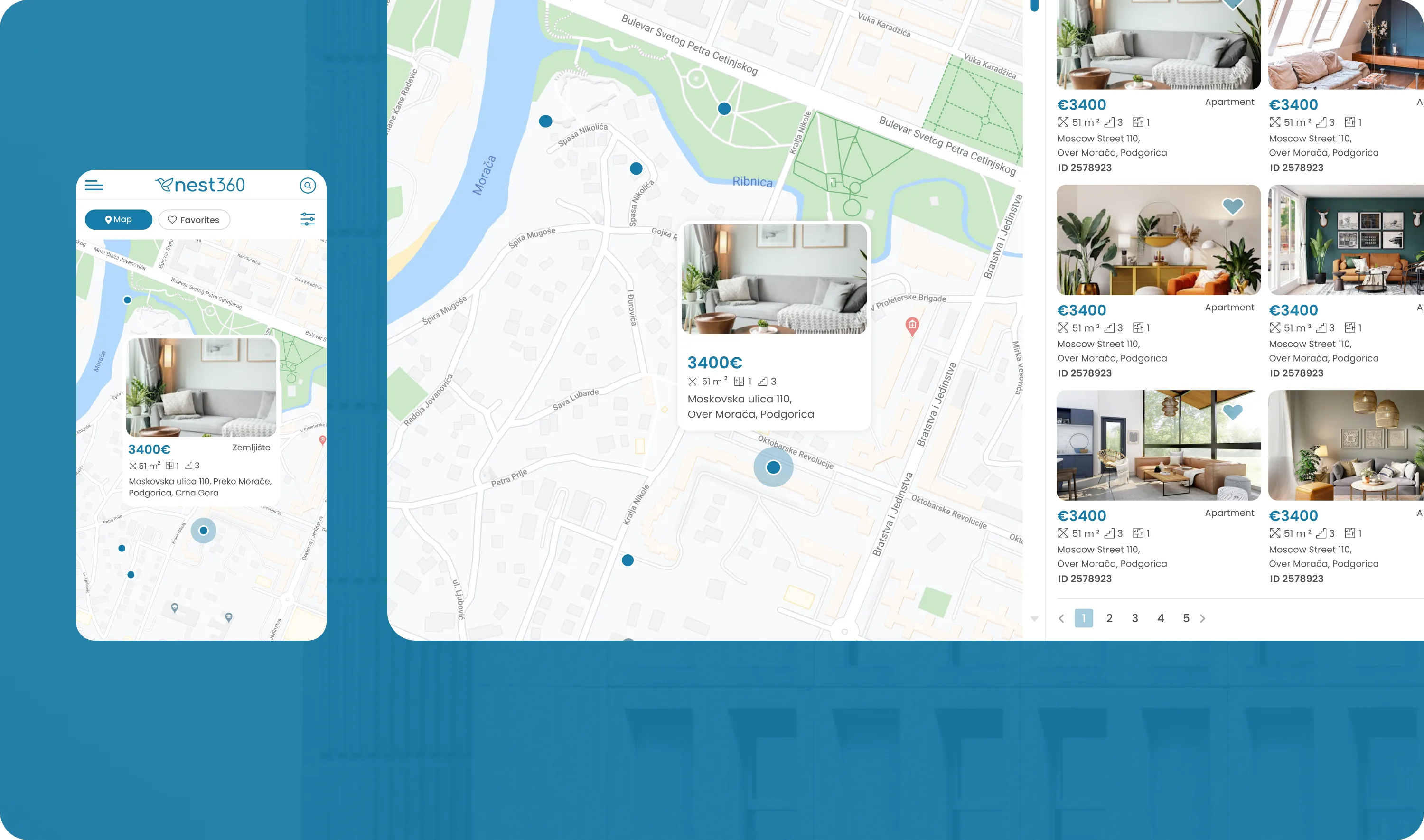 The Nest360 map view of Podgorica with listing pins and a property preview card, next to the mobile map screen