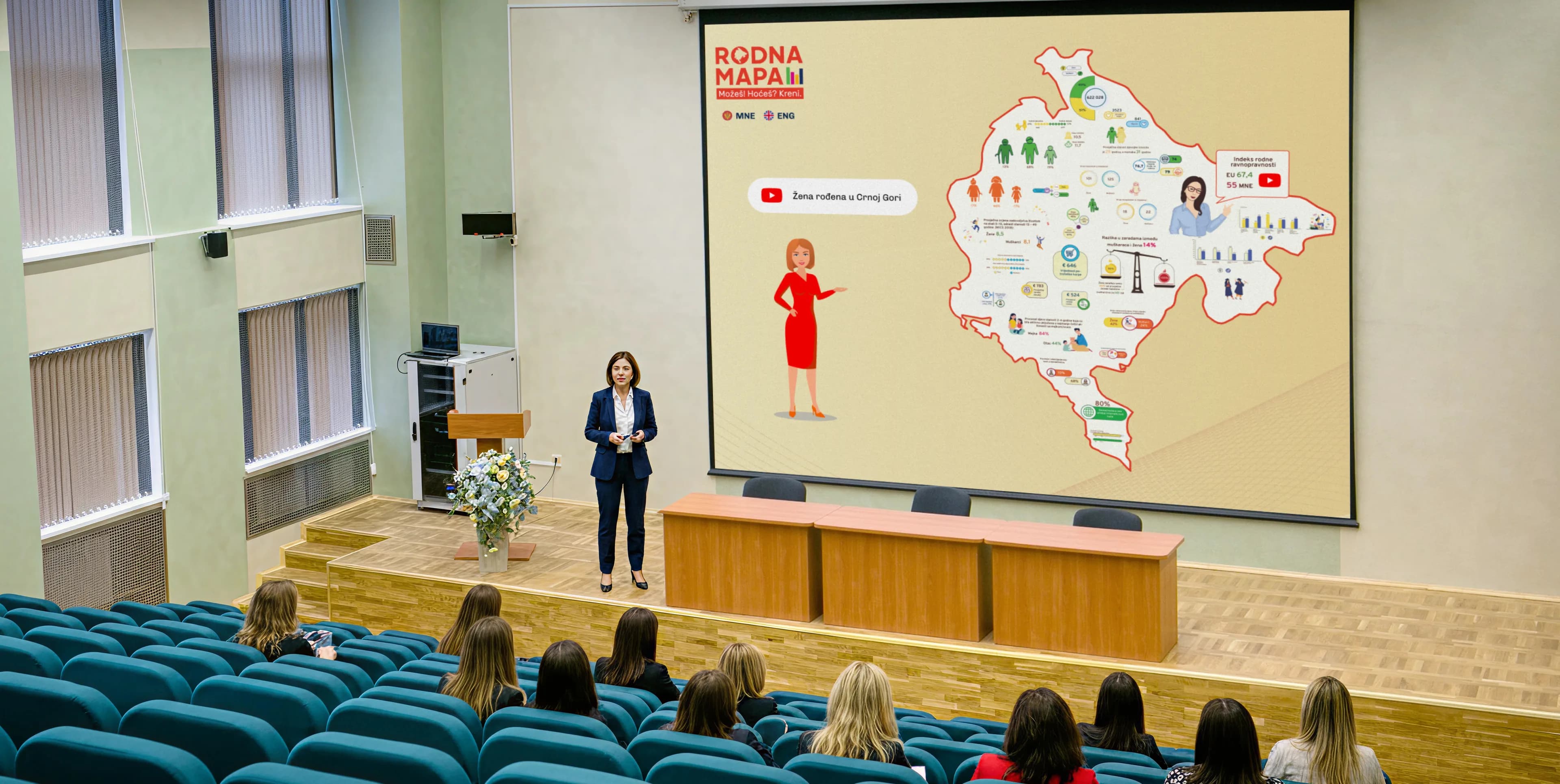 Rodna mapa presented on a conference hall screen