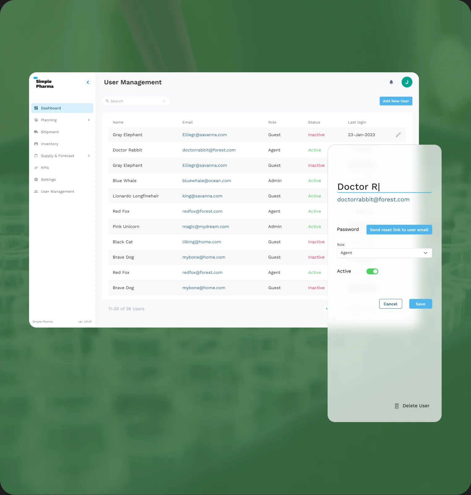 User management screen with role-based access
