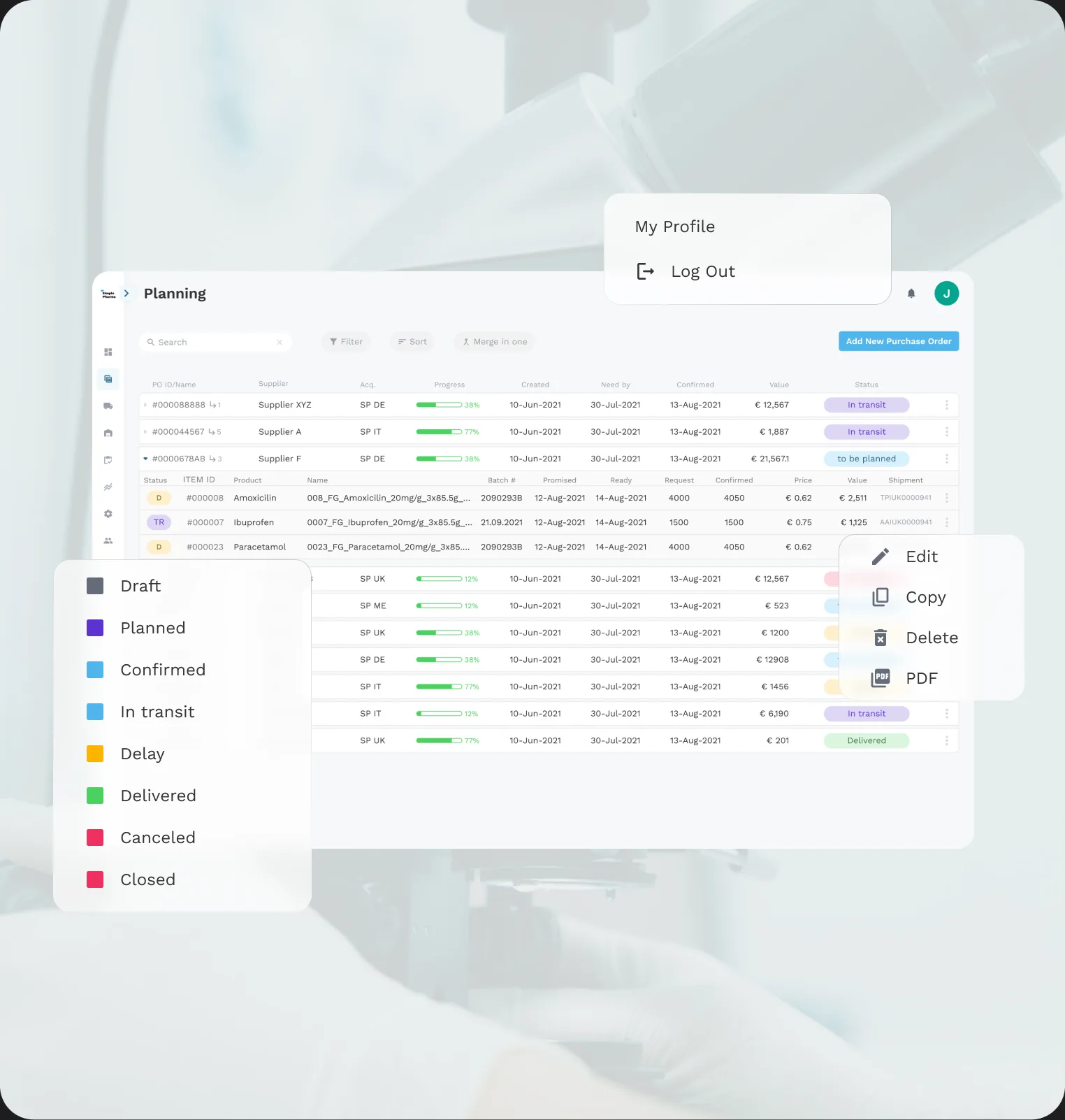 Supplier registry with structured planning and order data