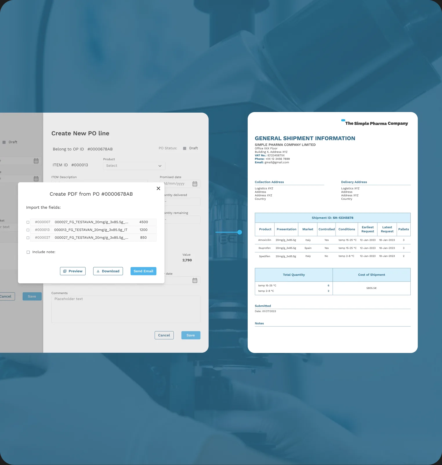 Custom PDF automation building a purchase order document