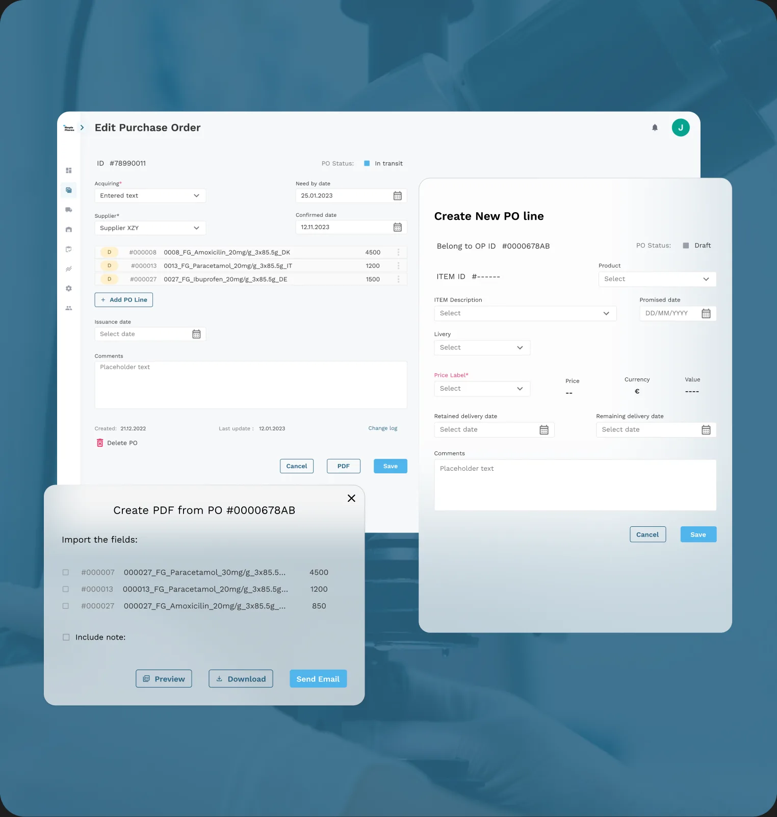 Simple Pharma purchase order management with statuses and filters