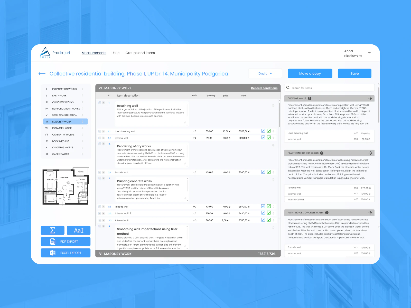 Sokla BOQ report builder with the item database open