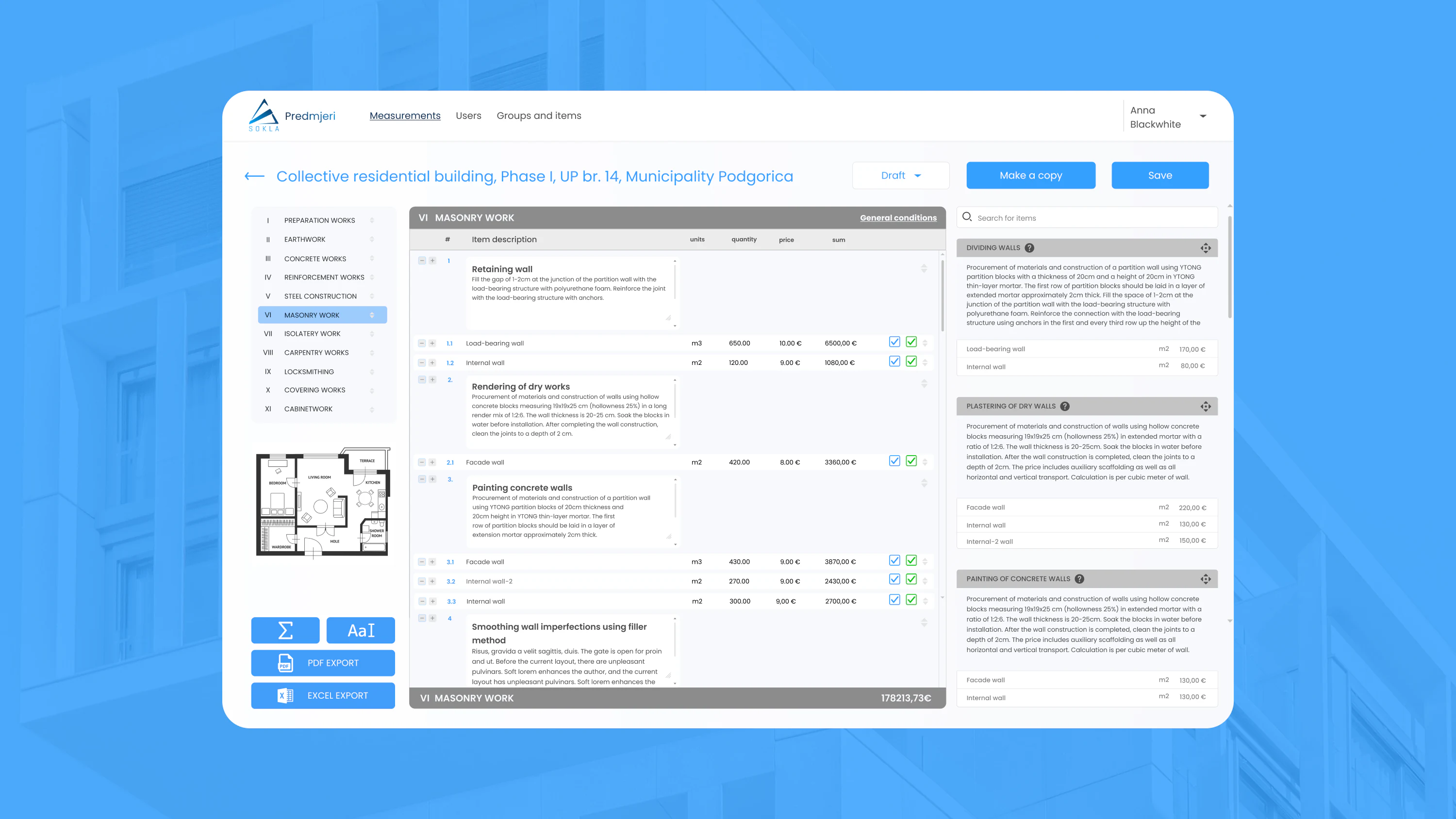 Sokla BOQ report builder with the item database open