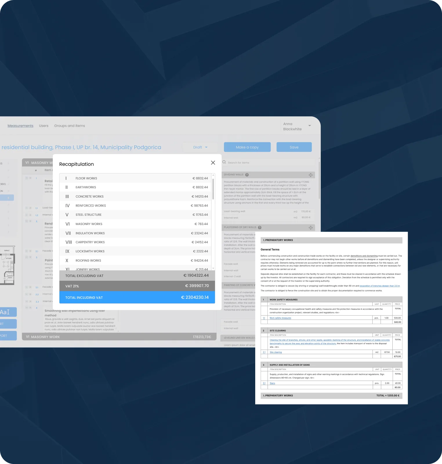 Client-ready PDF export of a bill of quantities
