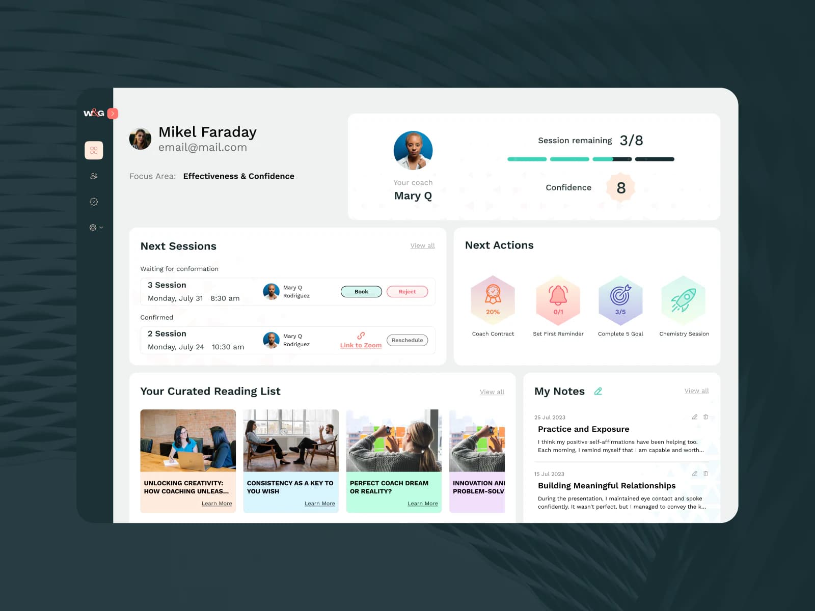Work and Grow coachee dashboard with sessions and next actions
