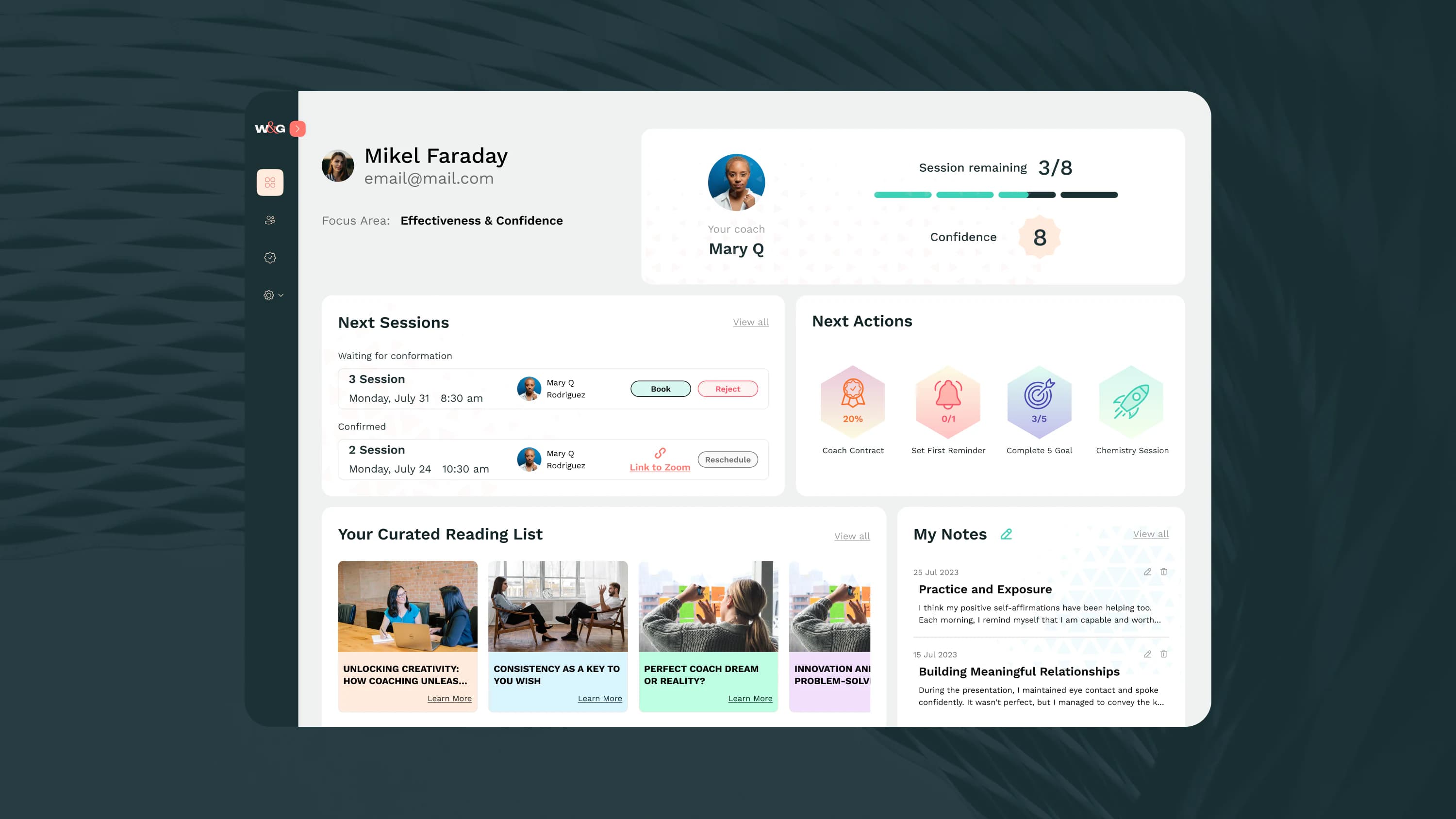 Work and Grow coachee dashboard with sessions and next actions