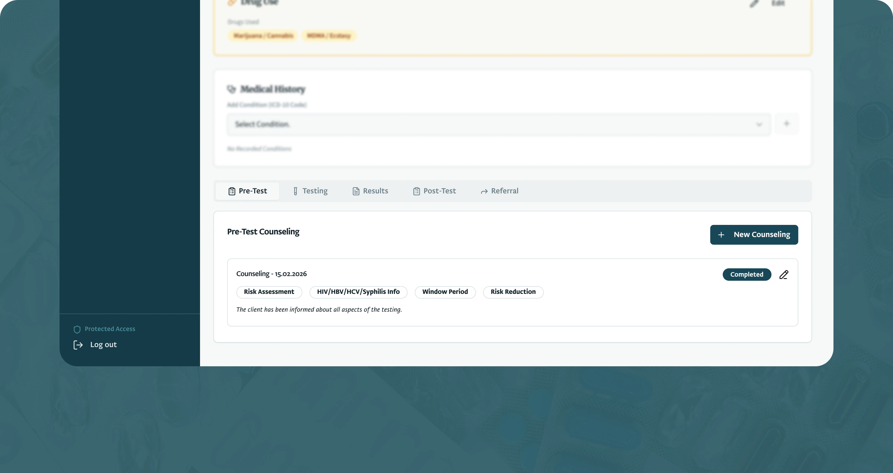 The client record open on the pre-test counselling step, with testing, results, post-test and referral waiting in the same flow