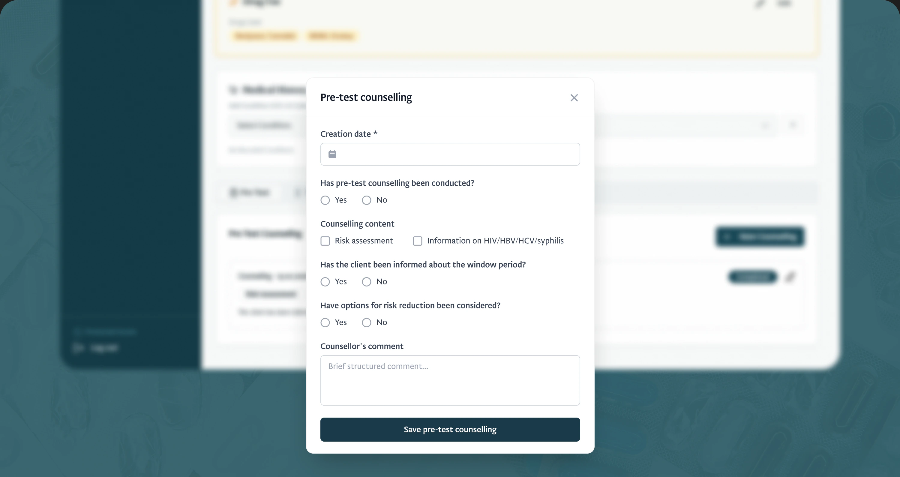 Pre-test counselling form asking whether counselling was conducted, what it covered and whether risk reduction was discussed