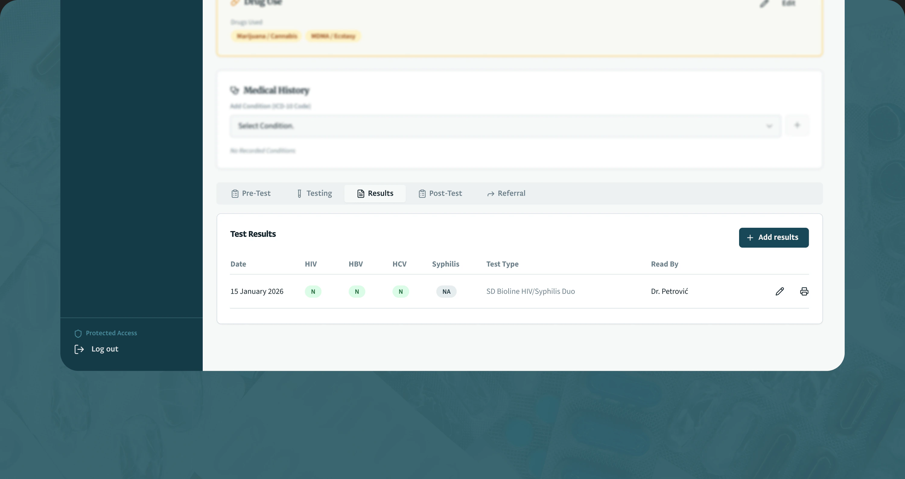 The results step of the record, listing results entered against each test