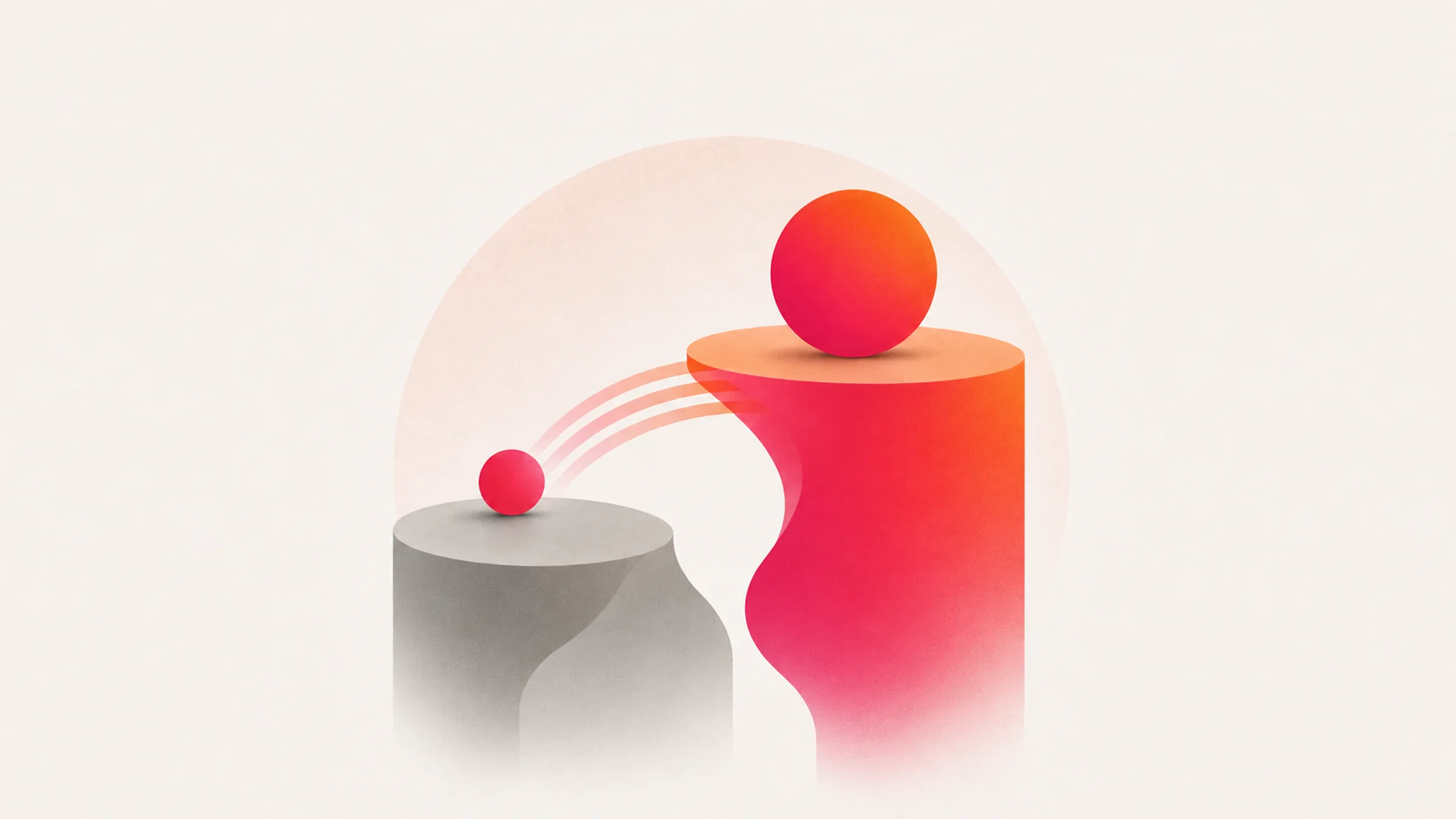 Illustration of a ball leaping from a small grey pedestal to a taller red one