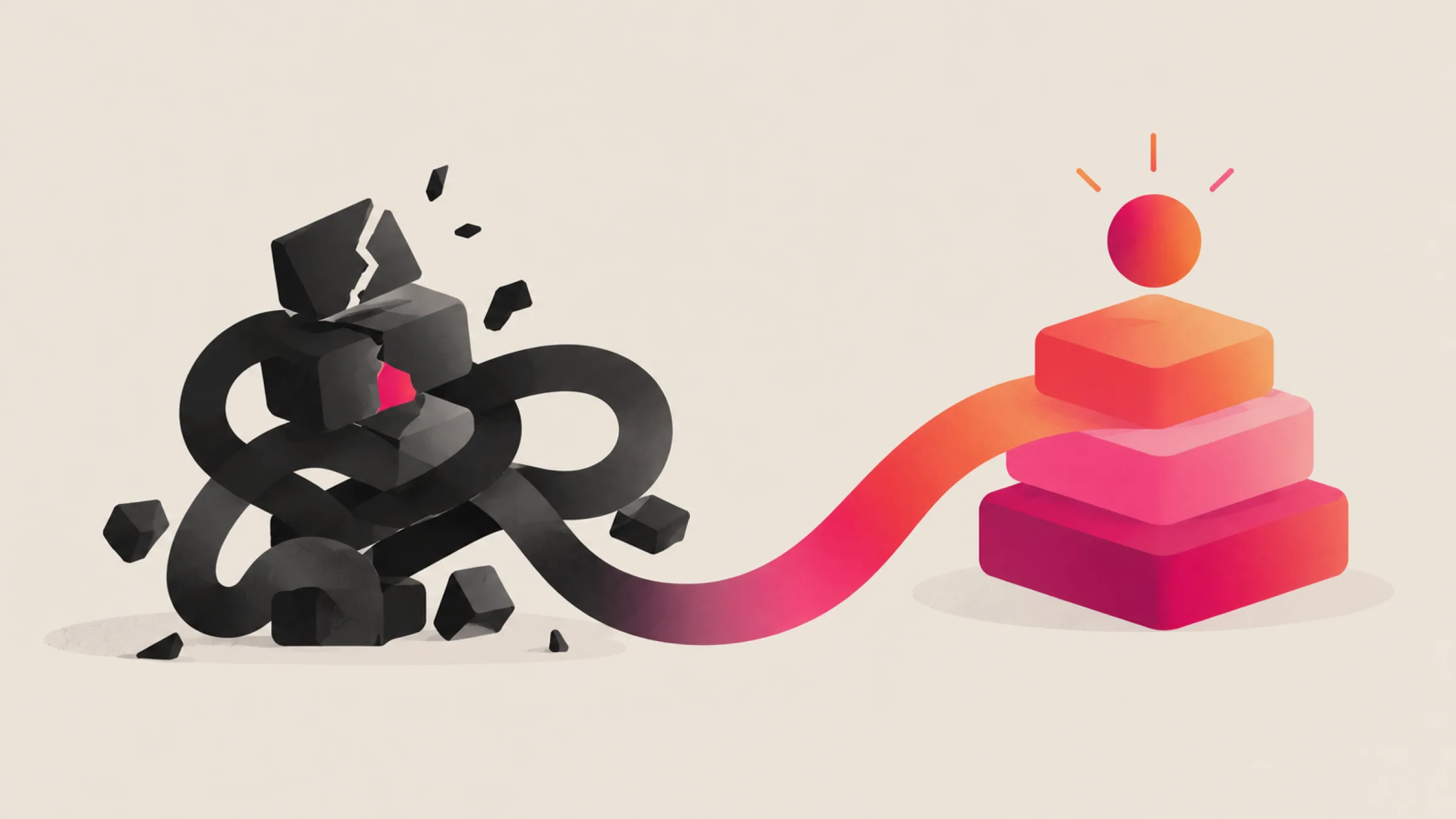 Illustration of a tangled knot of cracked black blocks unwinding into a colourful ribbon that leads to a neat stack