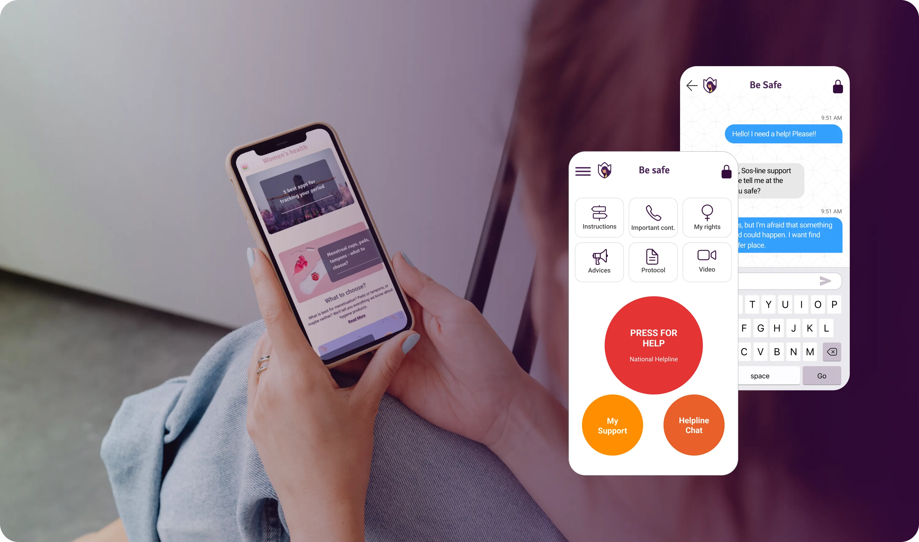 Helpline chat and SOS home screens of the Be Safe app