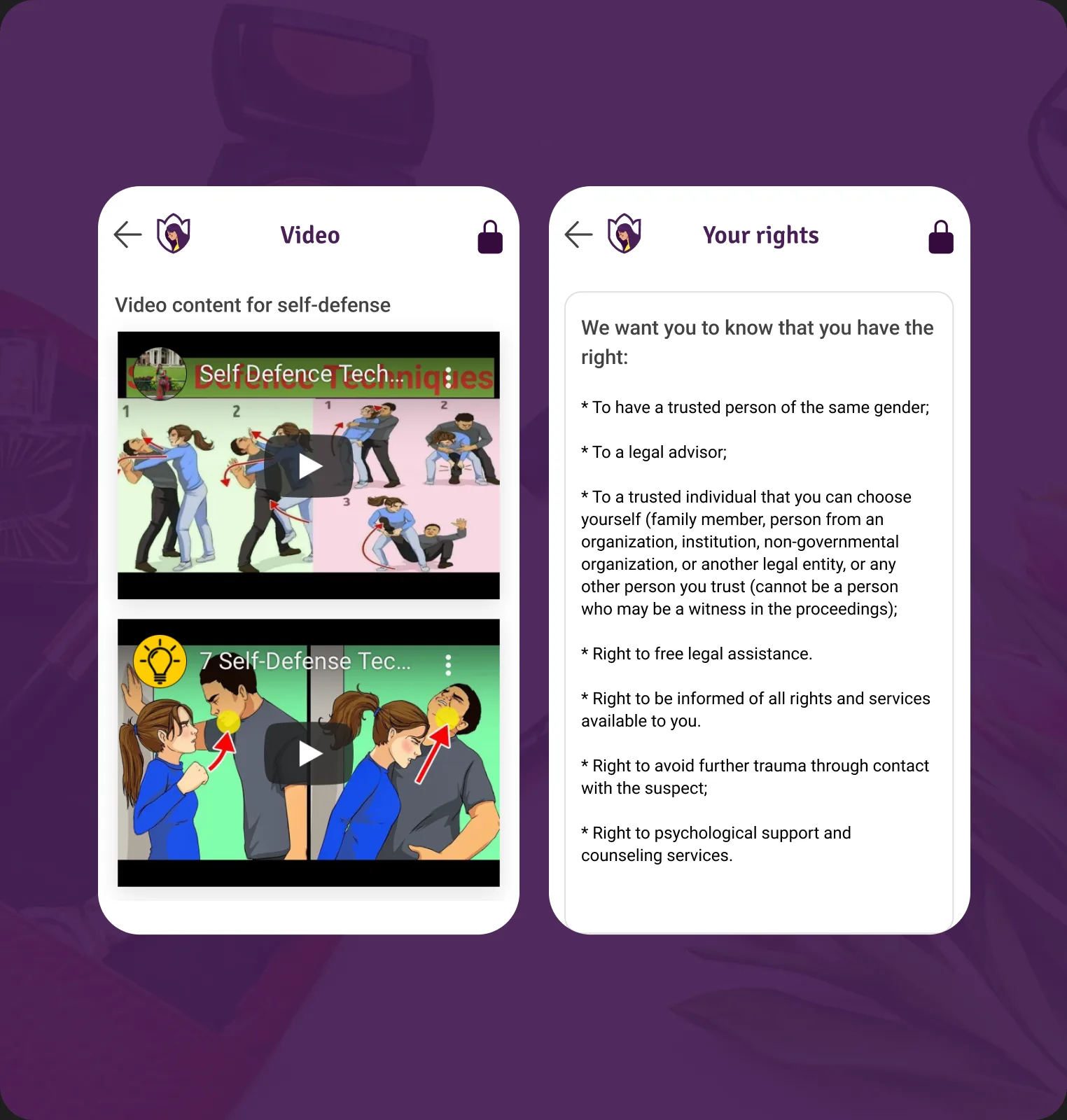 Self-defence video tutorials and legal rights screens
