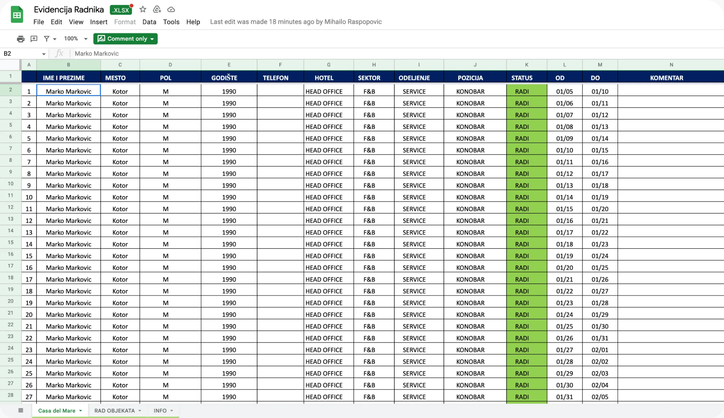 Employee records spreadsheet before the platform
