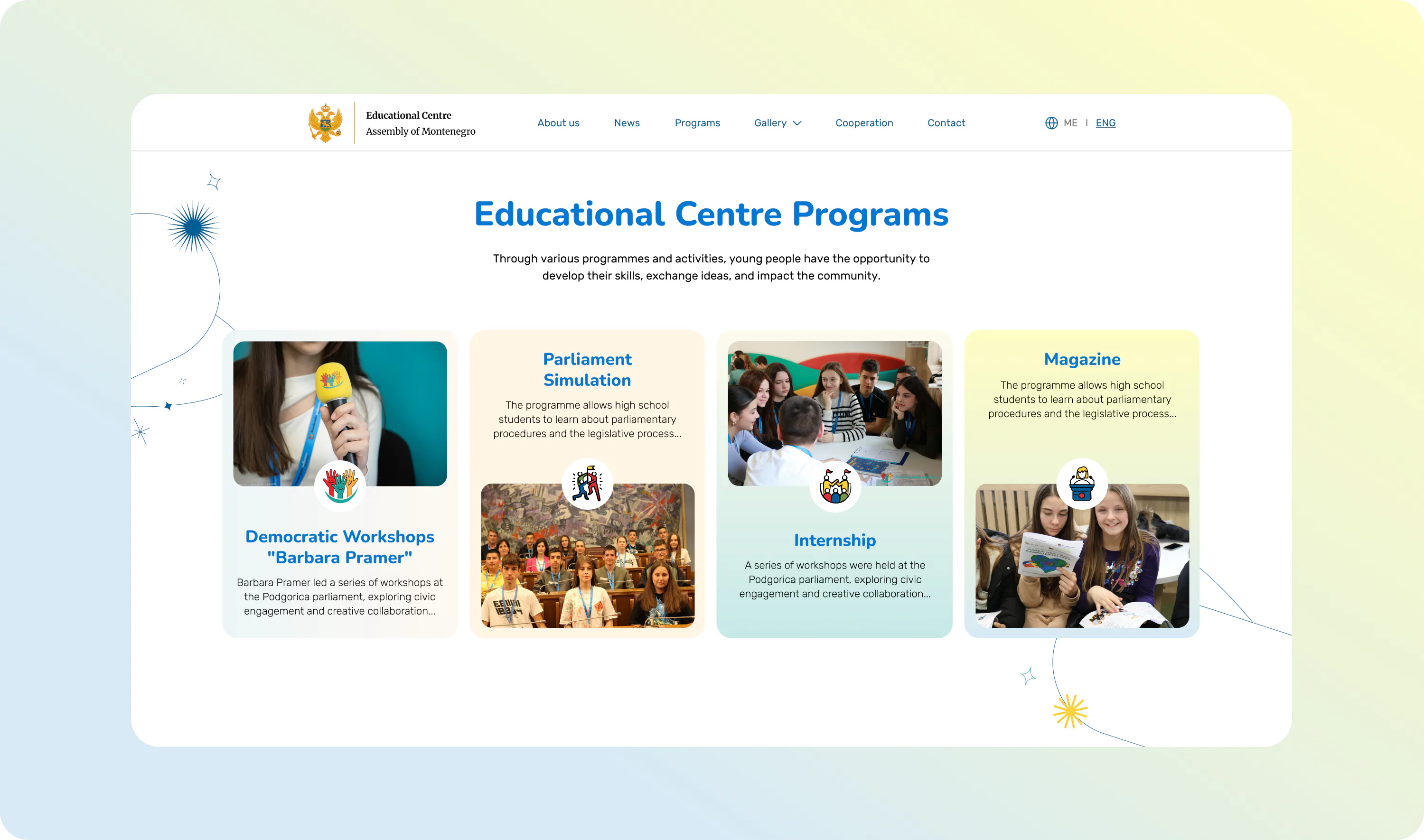 The Educational Centre Programs section with cards for the Democracy Workshops, the Parliament Simulation, the internship and the magazine