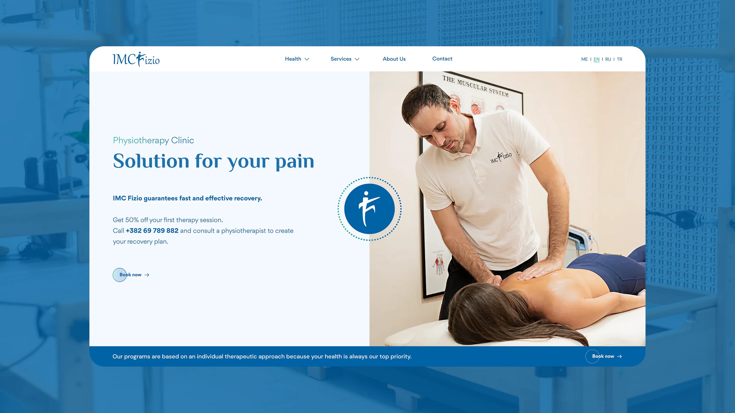 IMC Fizio website homepage with the four-language switcher