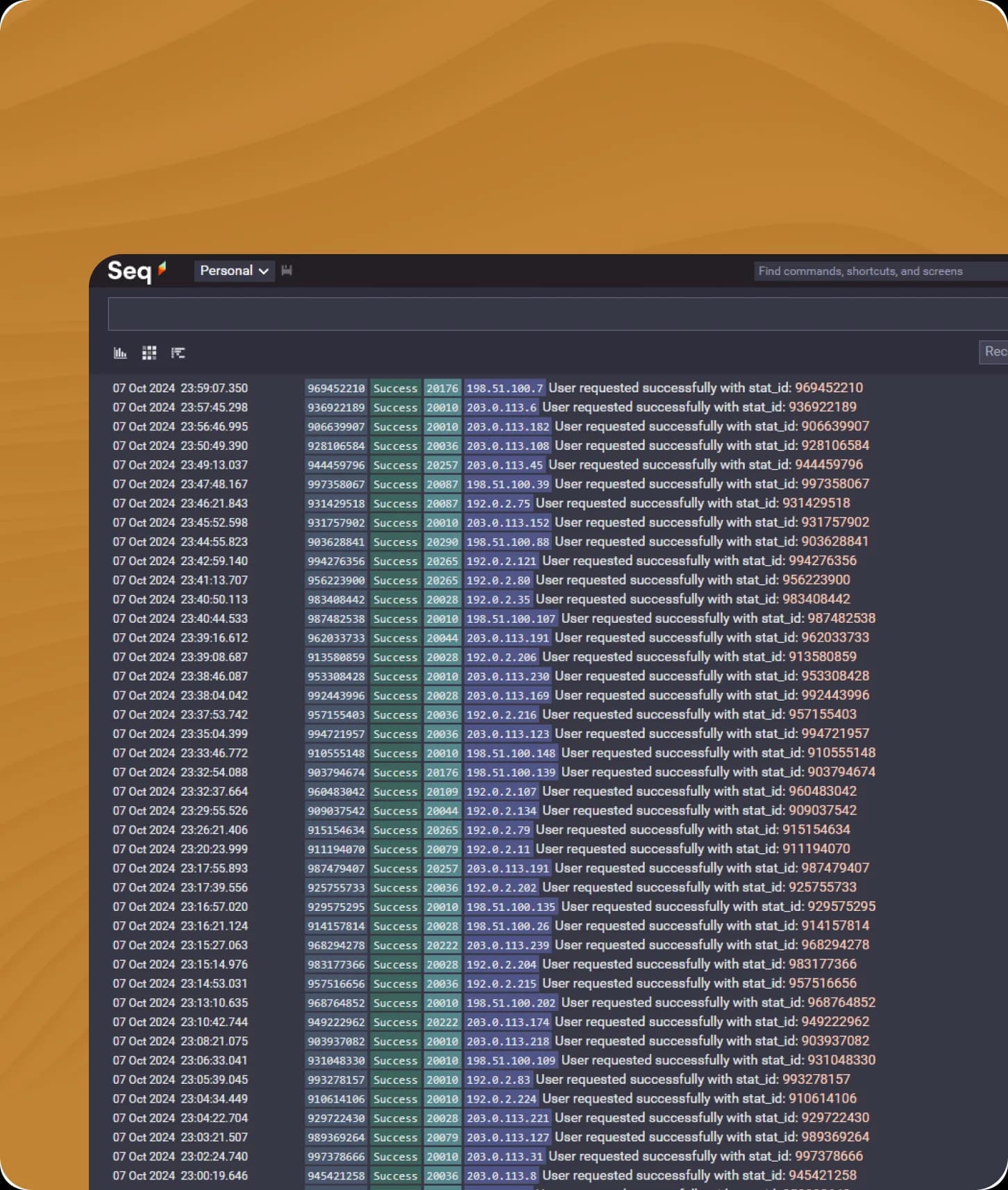 The Seq event stream on the census bronze, one structured line per lookup with its timestamp, statistical ID, outcome and address