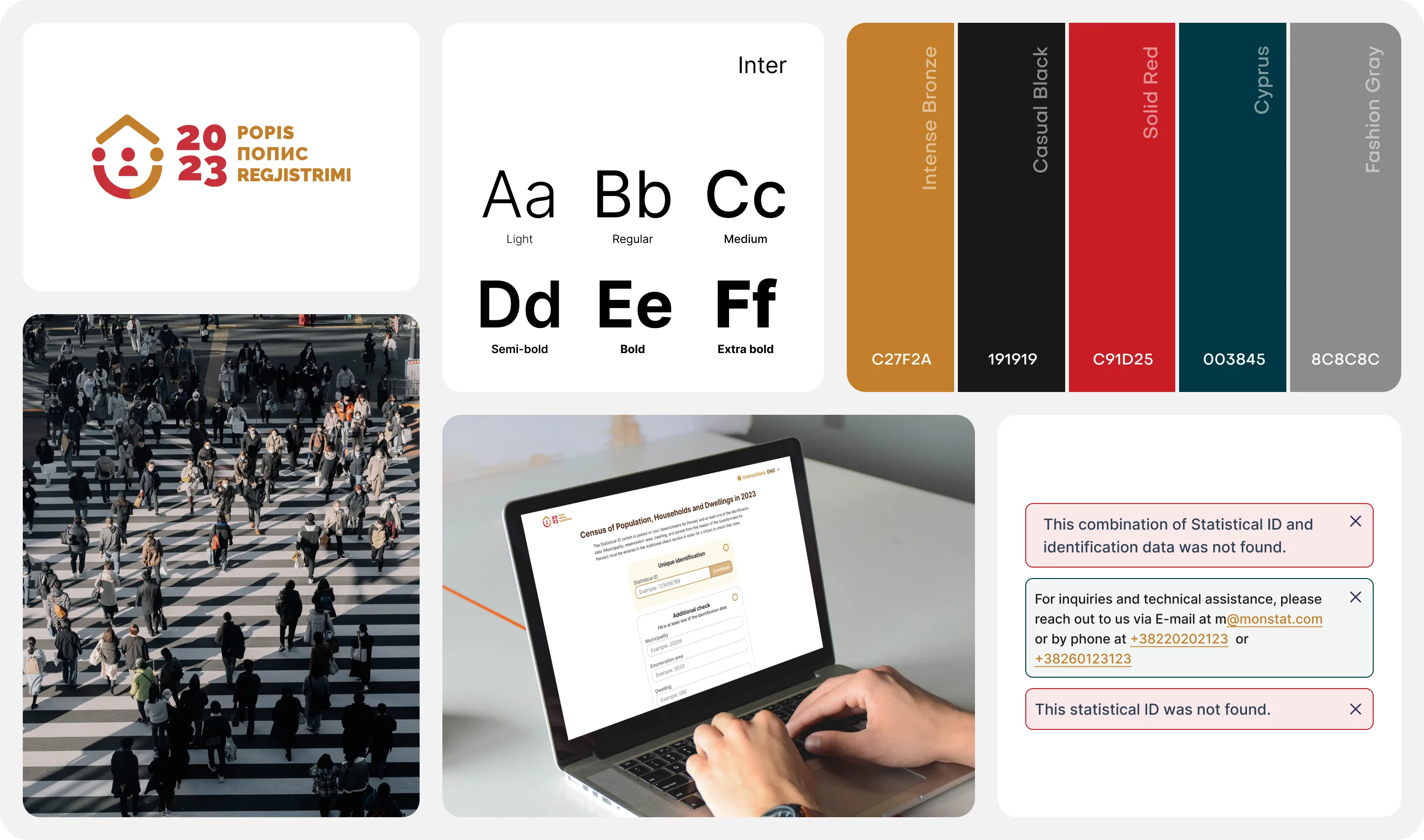 The census brand board: the 2023 census mark, Inter type specimens, the bronze, black, red, Cyprus and grey palette, the form on a laptop and the three error and support messages