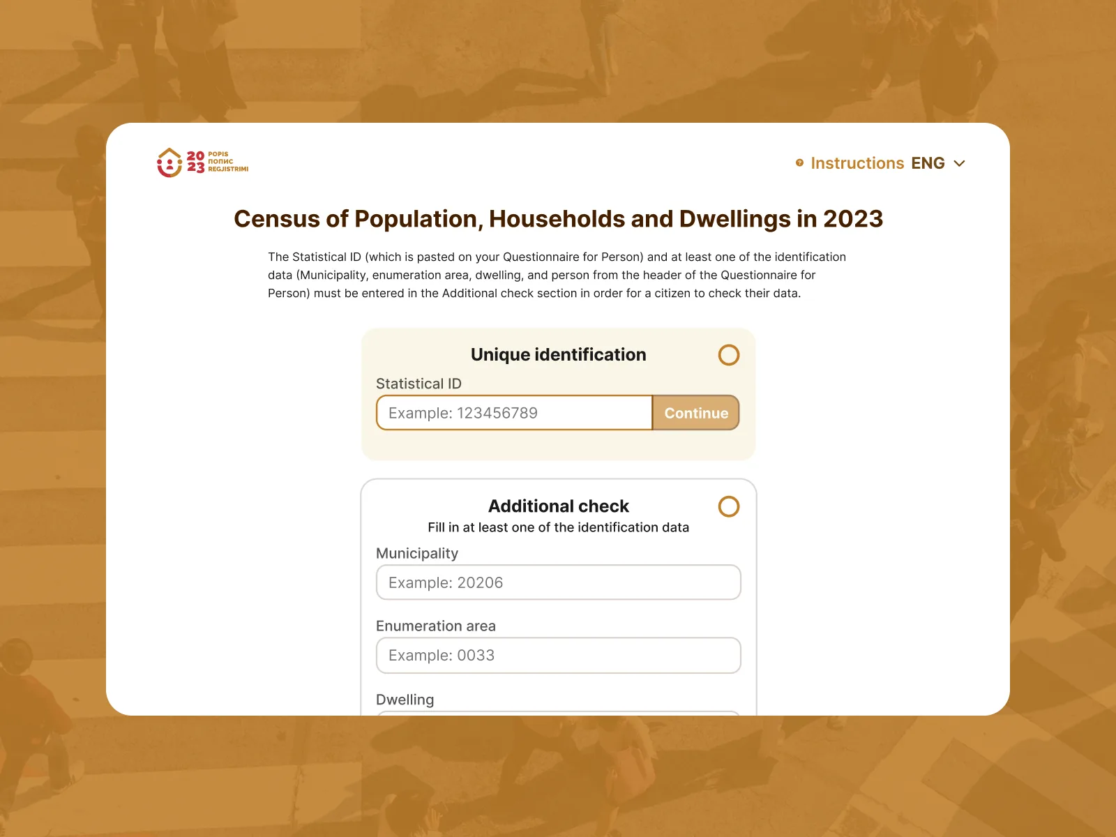 The census lookup form over a photo of a crowd crossing a street: the statistical ID first, then one of four further codes