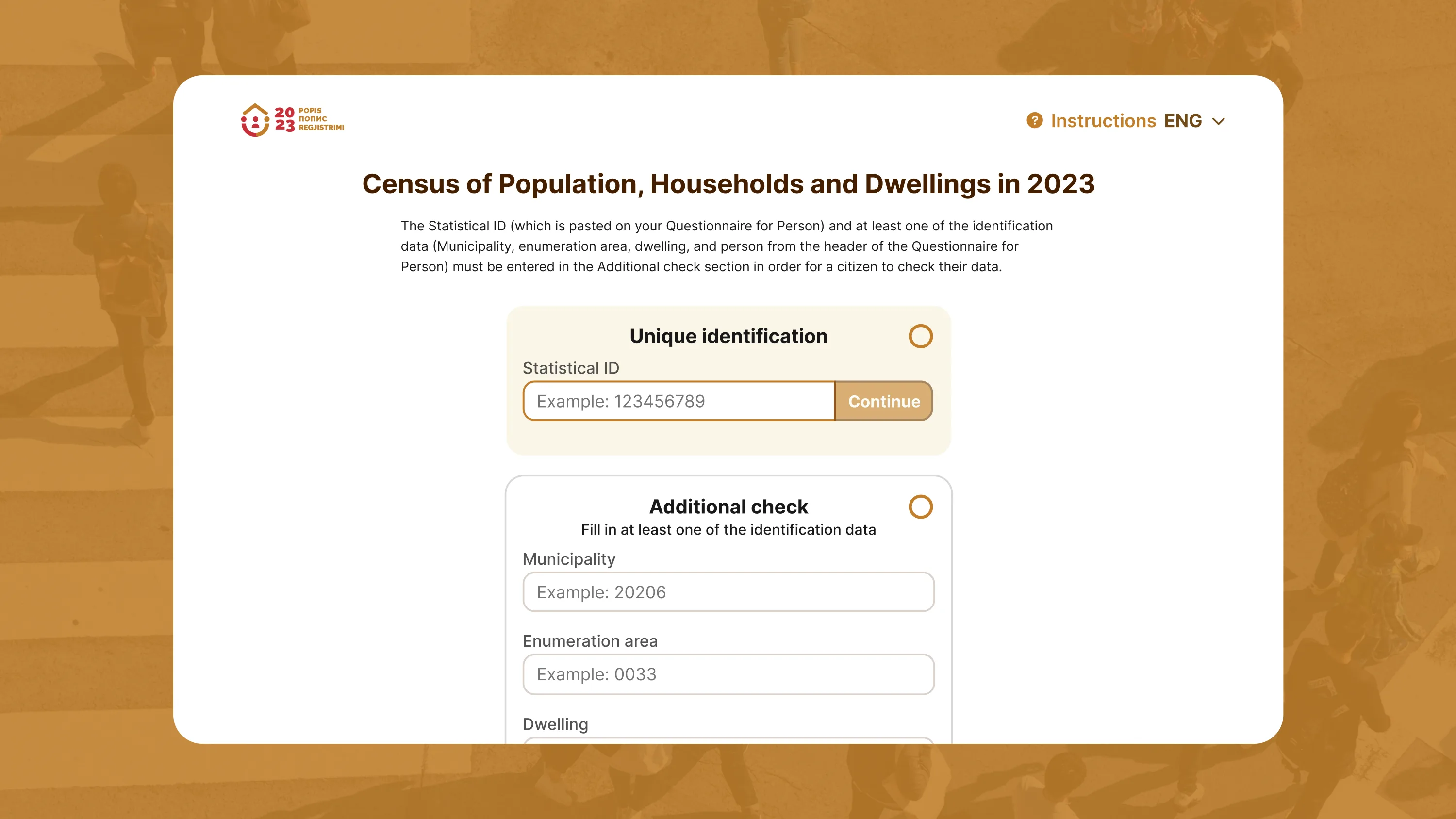 The census lookup form over a photo of a crowd crossing a street: the statistical ID first, then one of four further codes