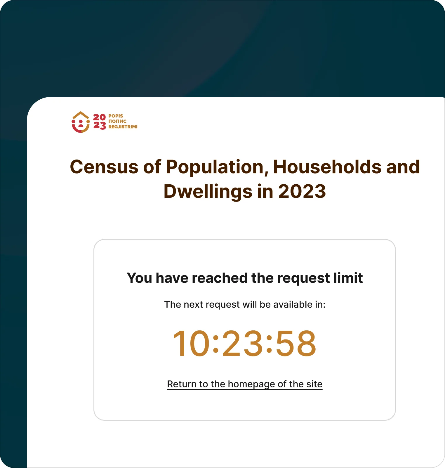 The block page on the census Cyprus blue: you have reached the request limit, with a countdown to the next available request