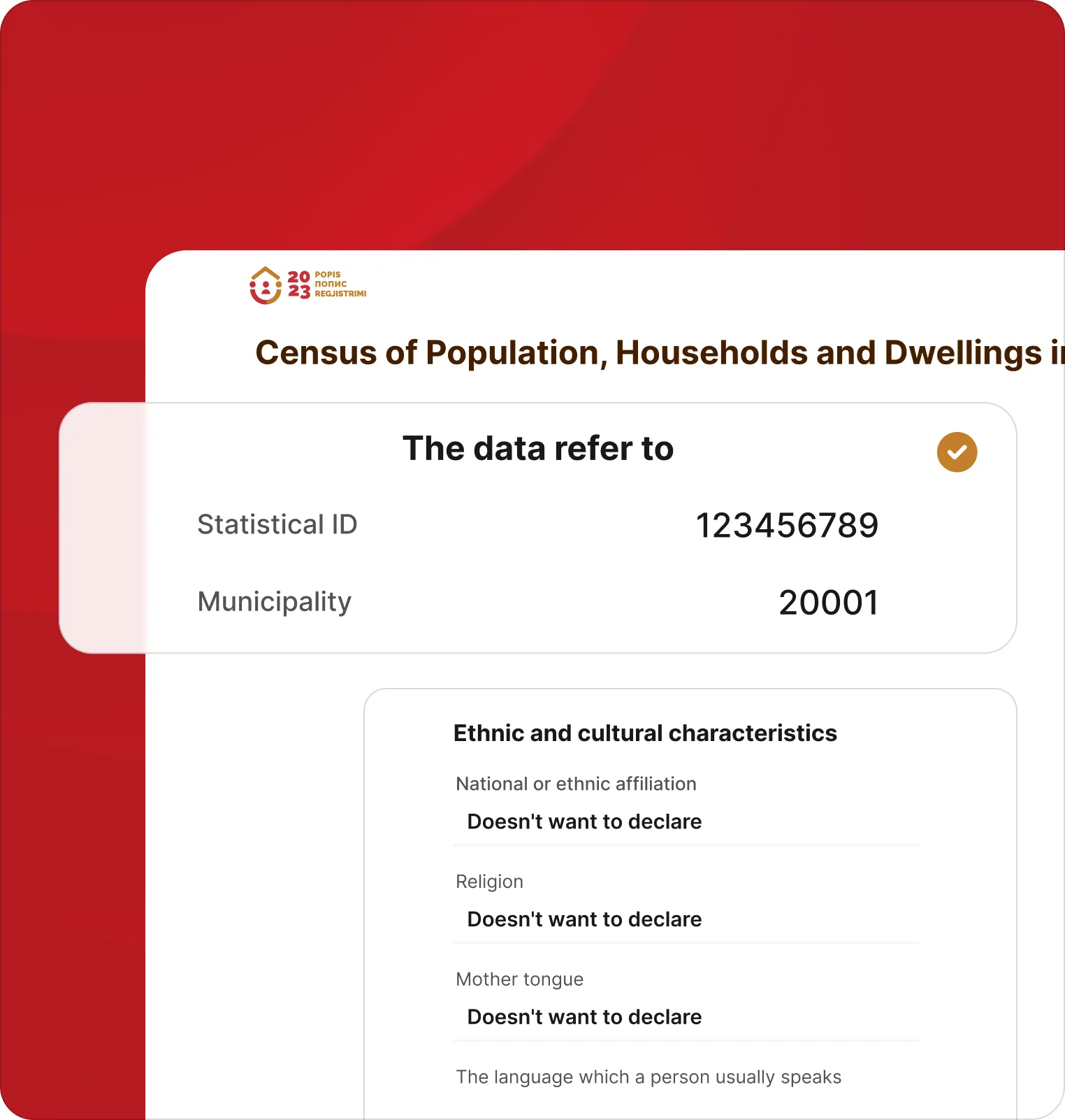 The result screen on the census red: the statistical ID and municipality the data refer to, then the four ethnic and cultural characteristics as recorded