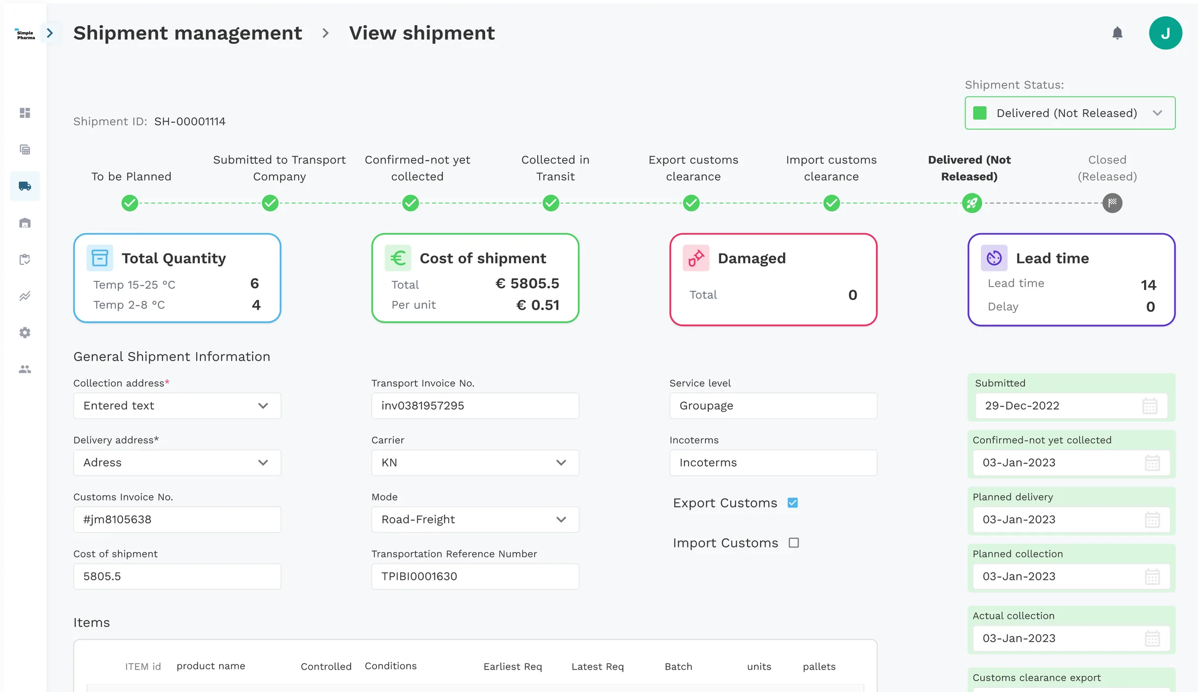 Shipment view in the Simple Pharma platform