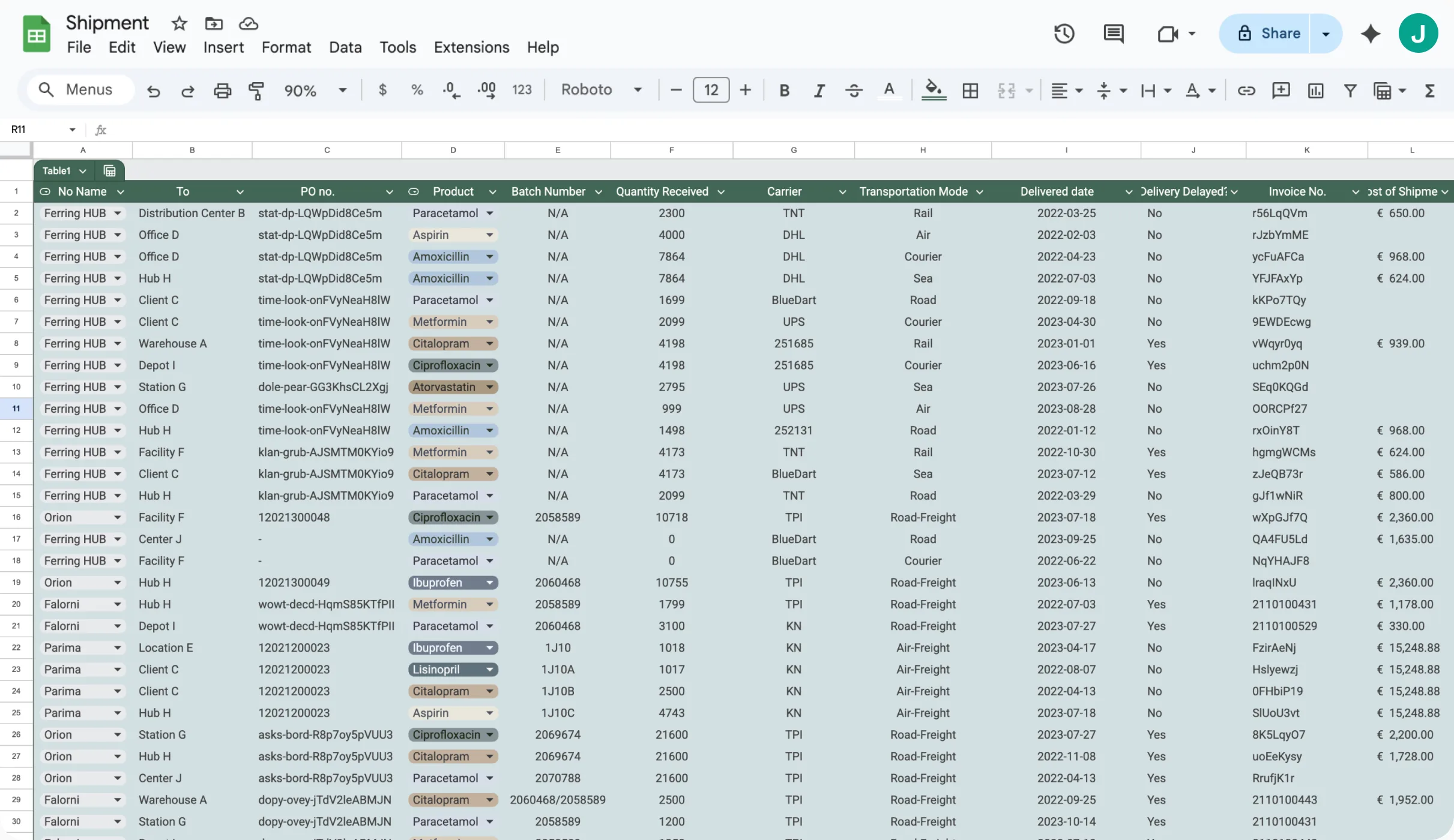 Shipment tracking spreadsheet before the platform