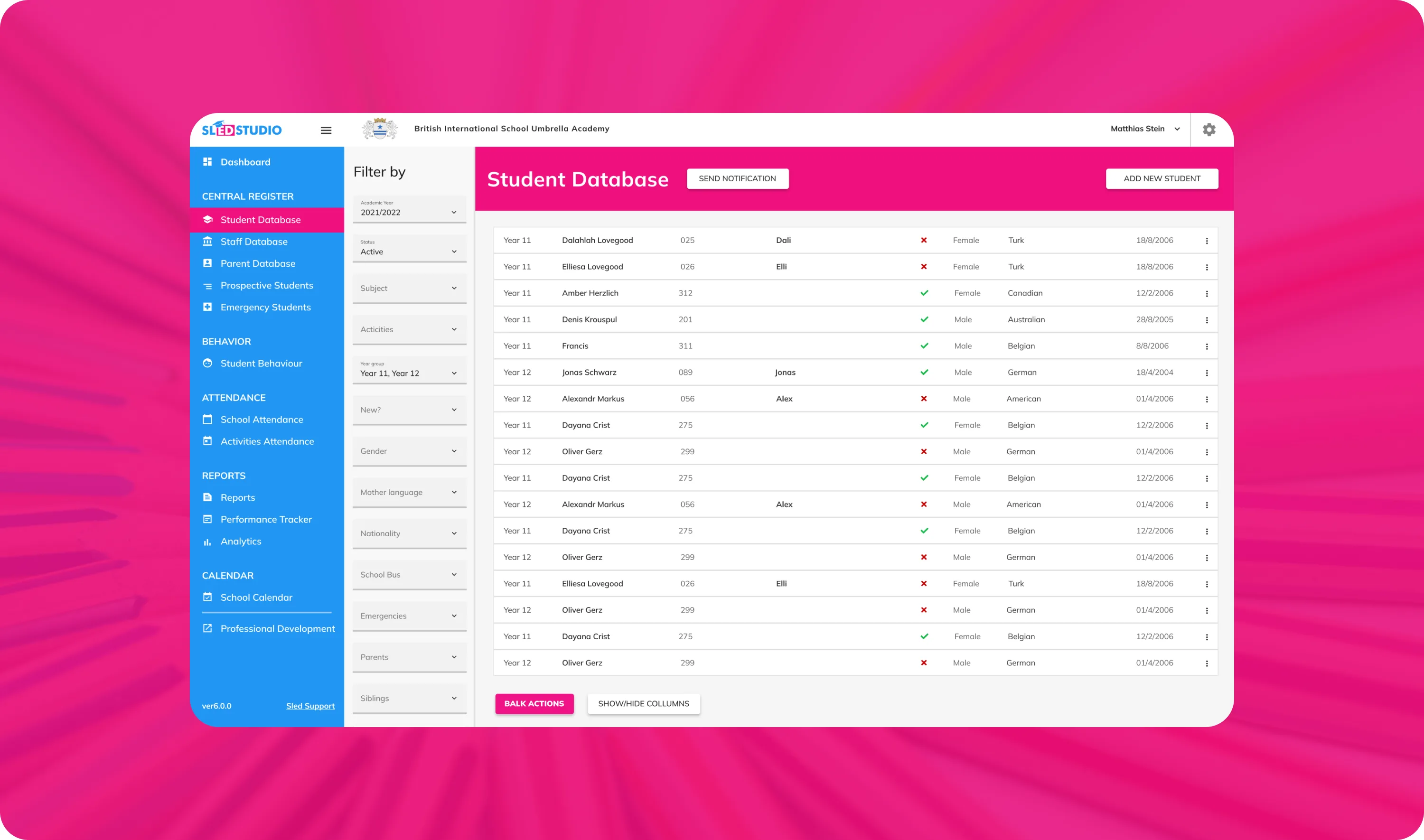 Sled Studio app with the central register open in a browser
