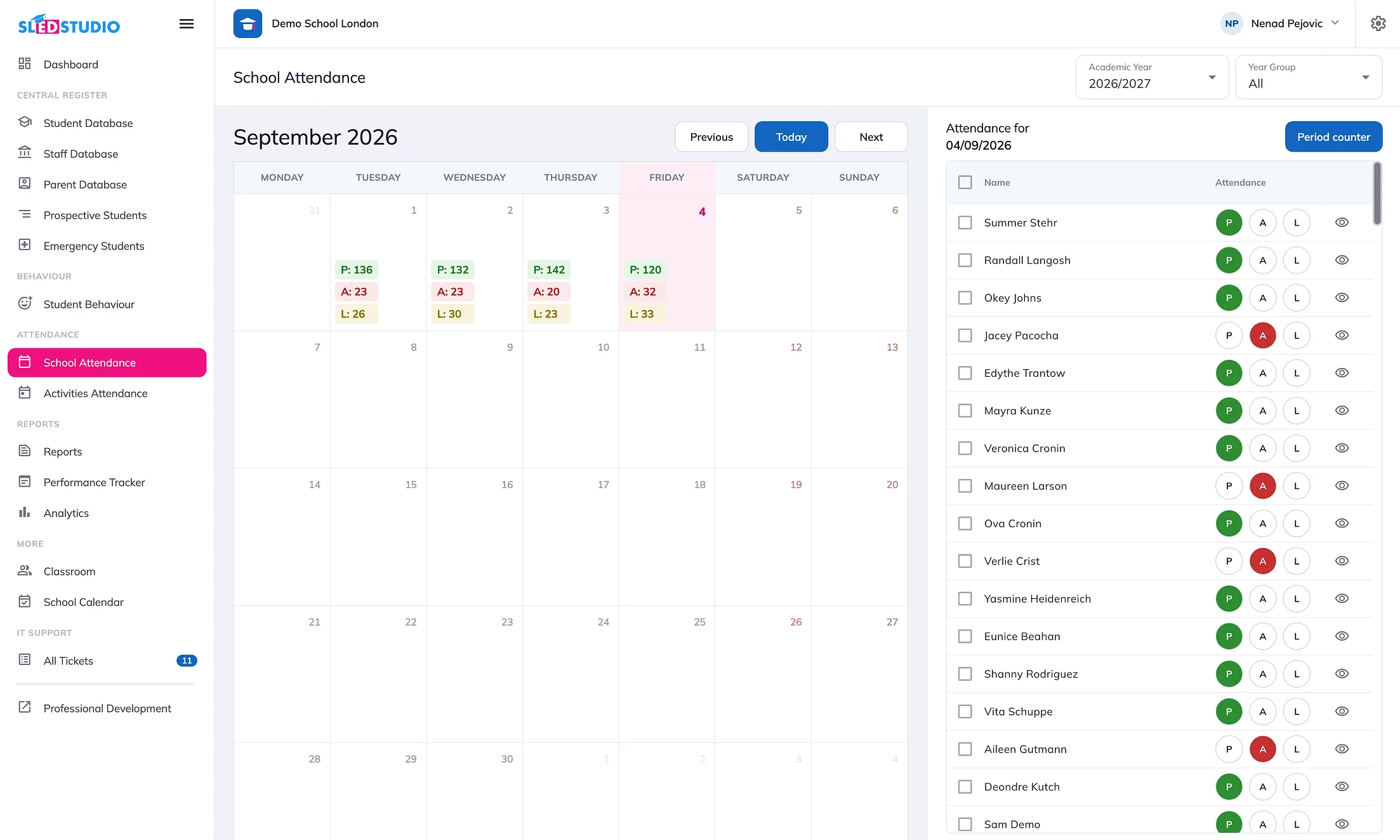 School attendance calendar for September 2026 with present, absent and late counts per day