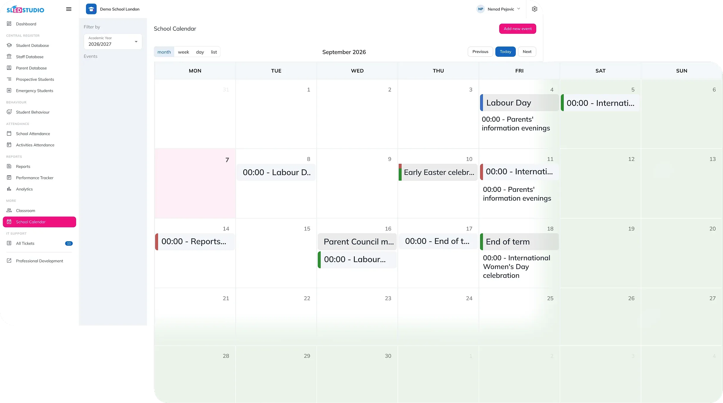 School calendar for September 2026 with labour day, parents' information evenings and end of term events