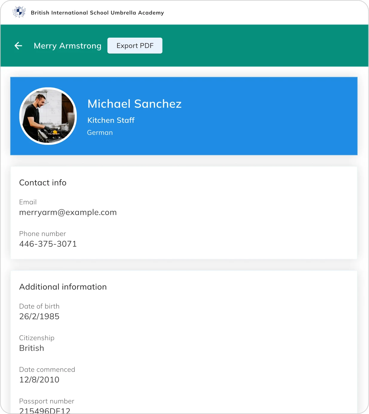 Staff profile with contact details and additional information