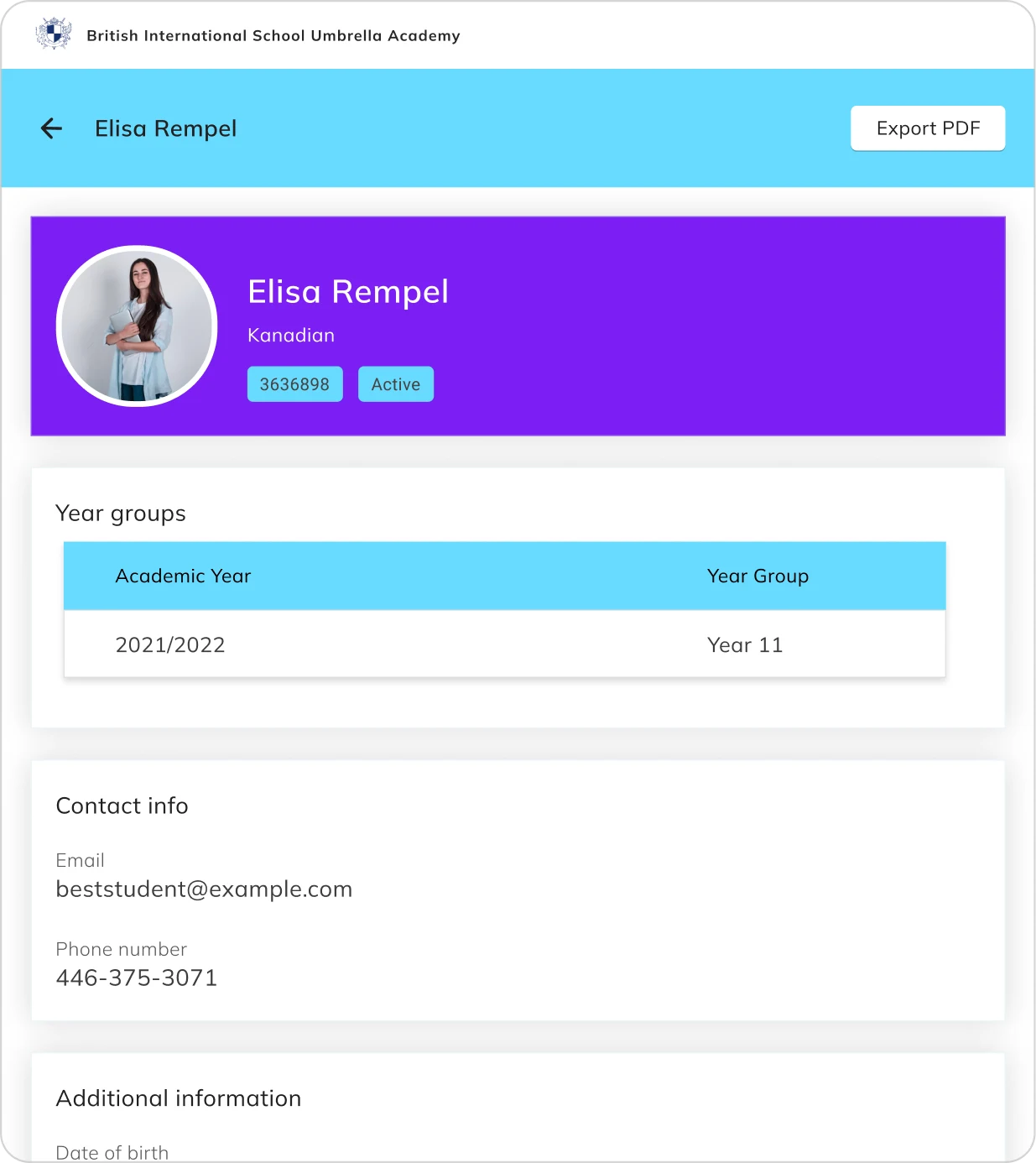 Student profile showing year groups and academic year