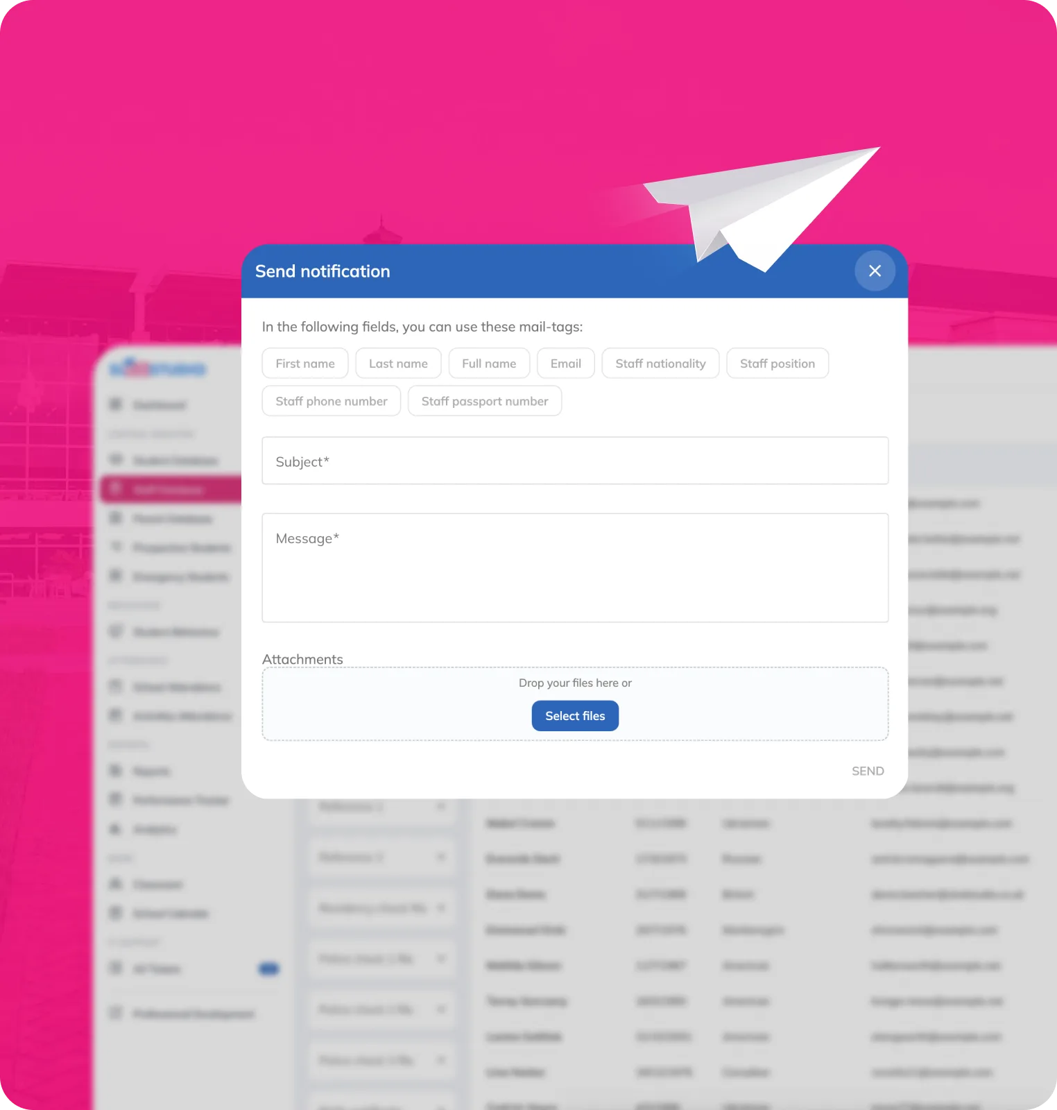 Send notification dialog with mail-merge tags, subject, message and attachments