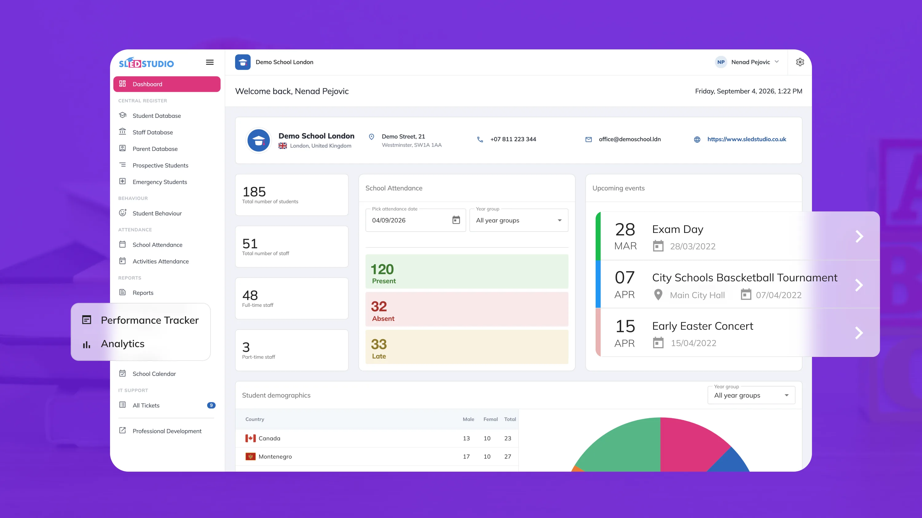 Sled Studio school dashboard with attendance counts and upcoming events