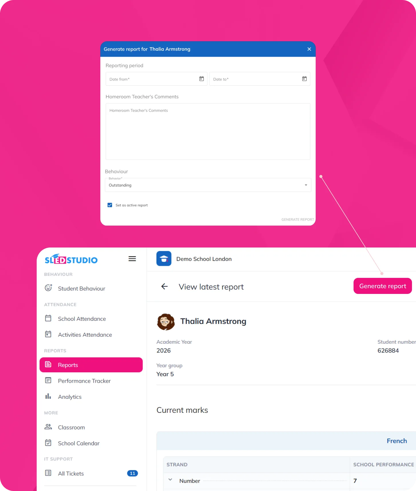 Generate report dialog over a student's latest report with current marks