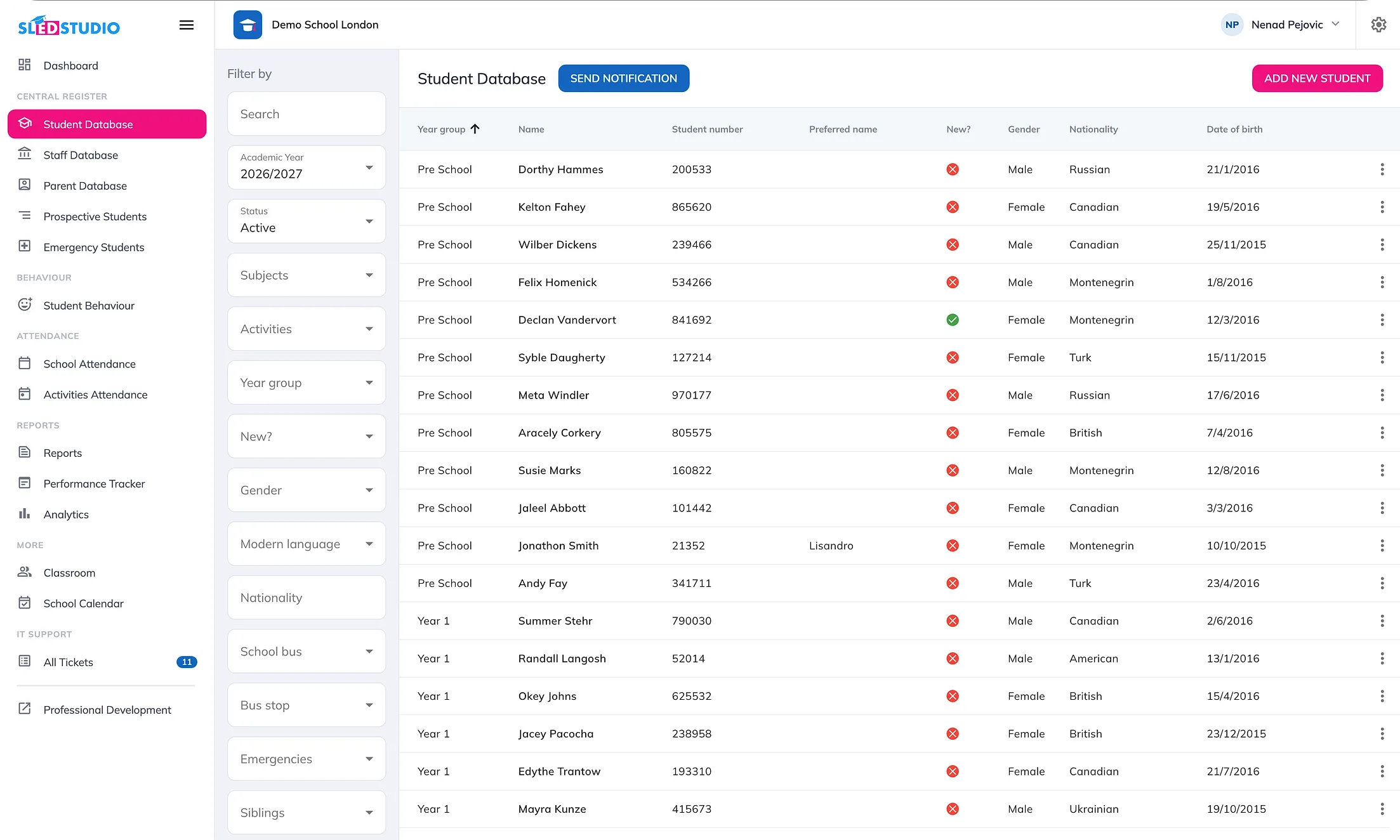 Student database with year group, name, student number, gender, nationality and date of birth columns