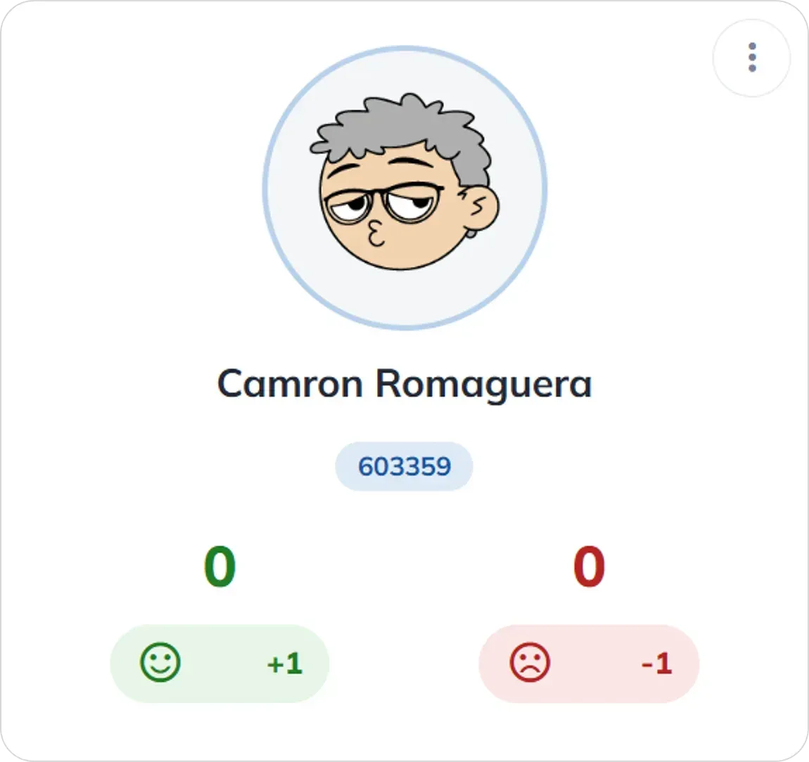 Behaviour card for Camron Romaguera with the card menu
