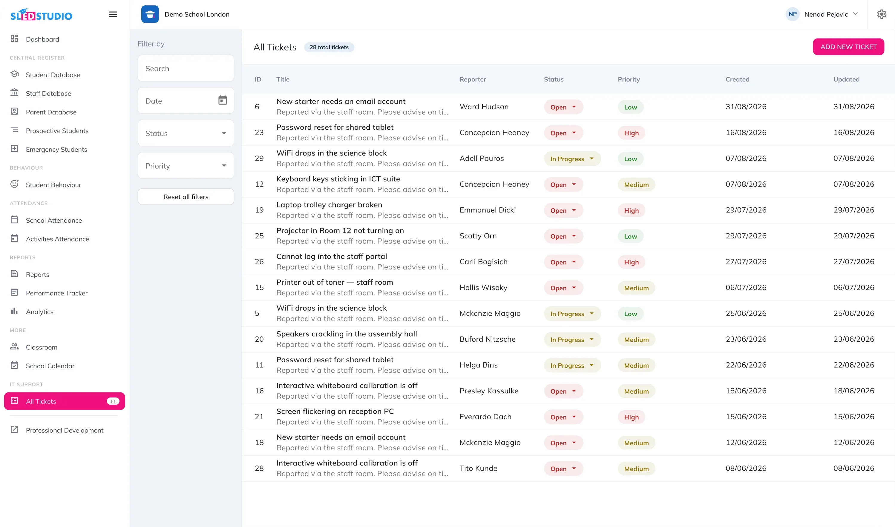 All tickets queue with reporter, status, priority and dates for each IT request