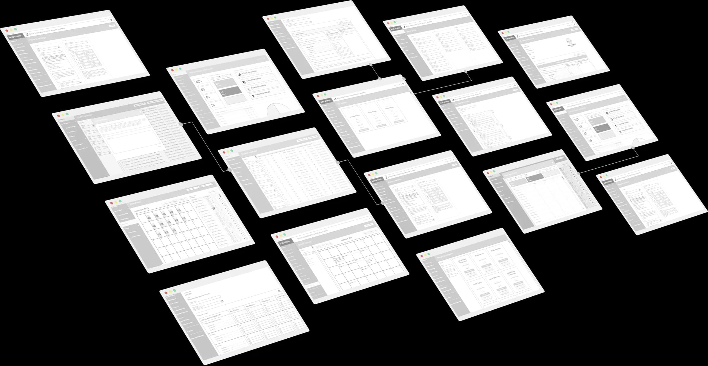 Sled Studio wireframe sheets across the platform's modules